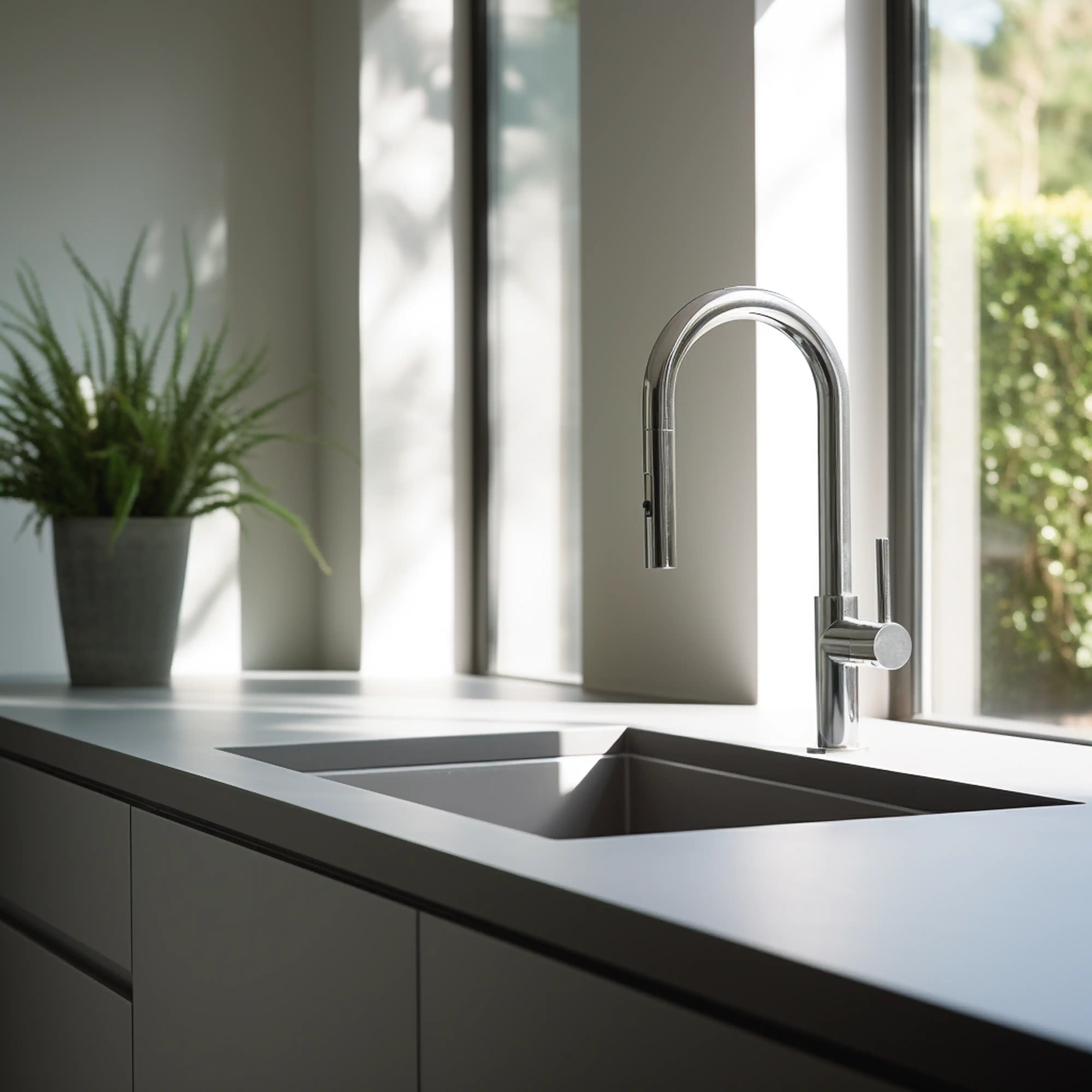 Modern minimalist kitchen with a sleek chrome faucet and potted fern by the window