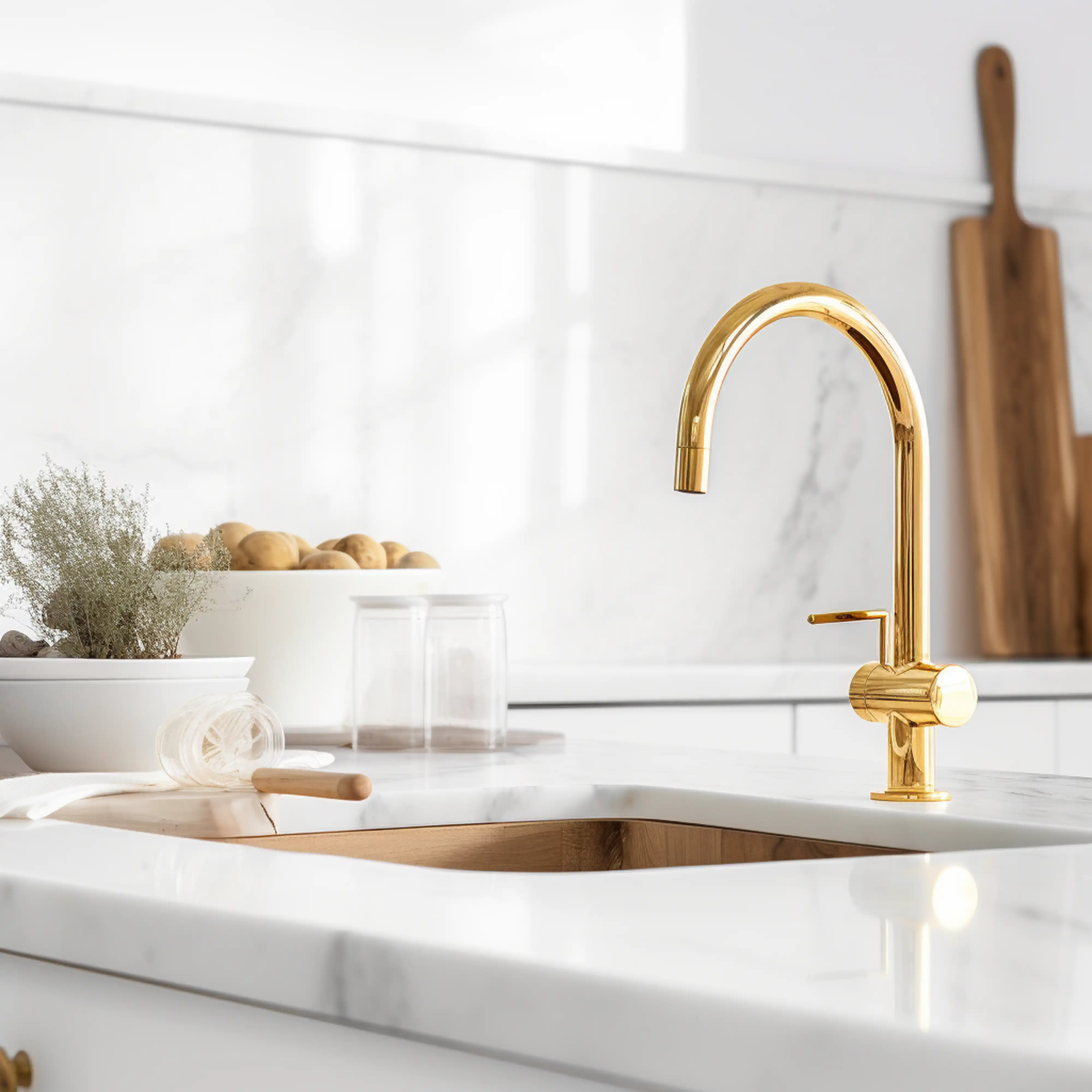 Détail de cuisine élégante mettant en avant un robinet doré, un comptoir en marbre et une présentation de produits frais