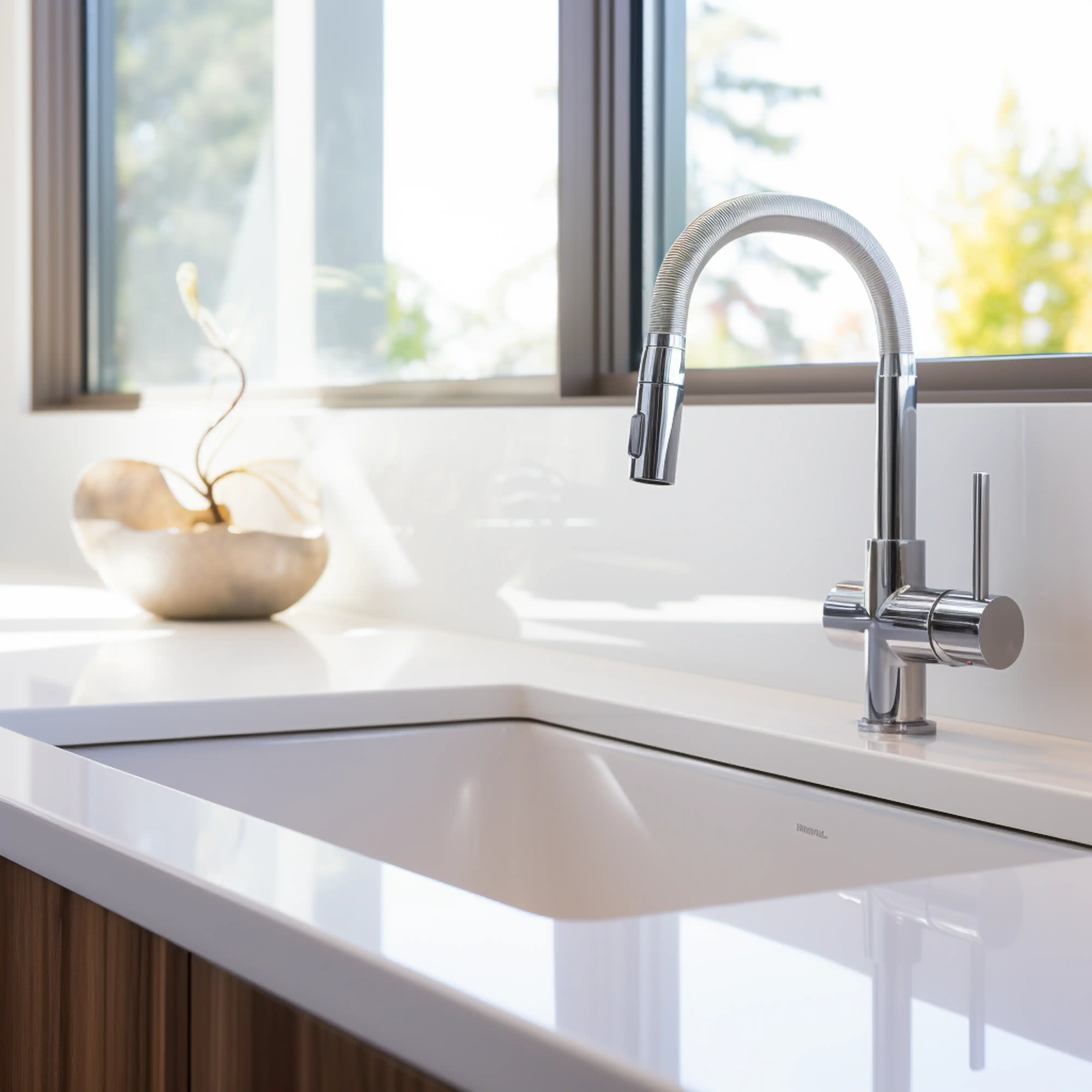 Sunlit contemporary kitchen featuring a flexible chrome faucet, white countertop, and artistic wooden bowl