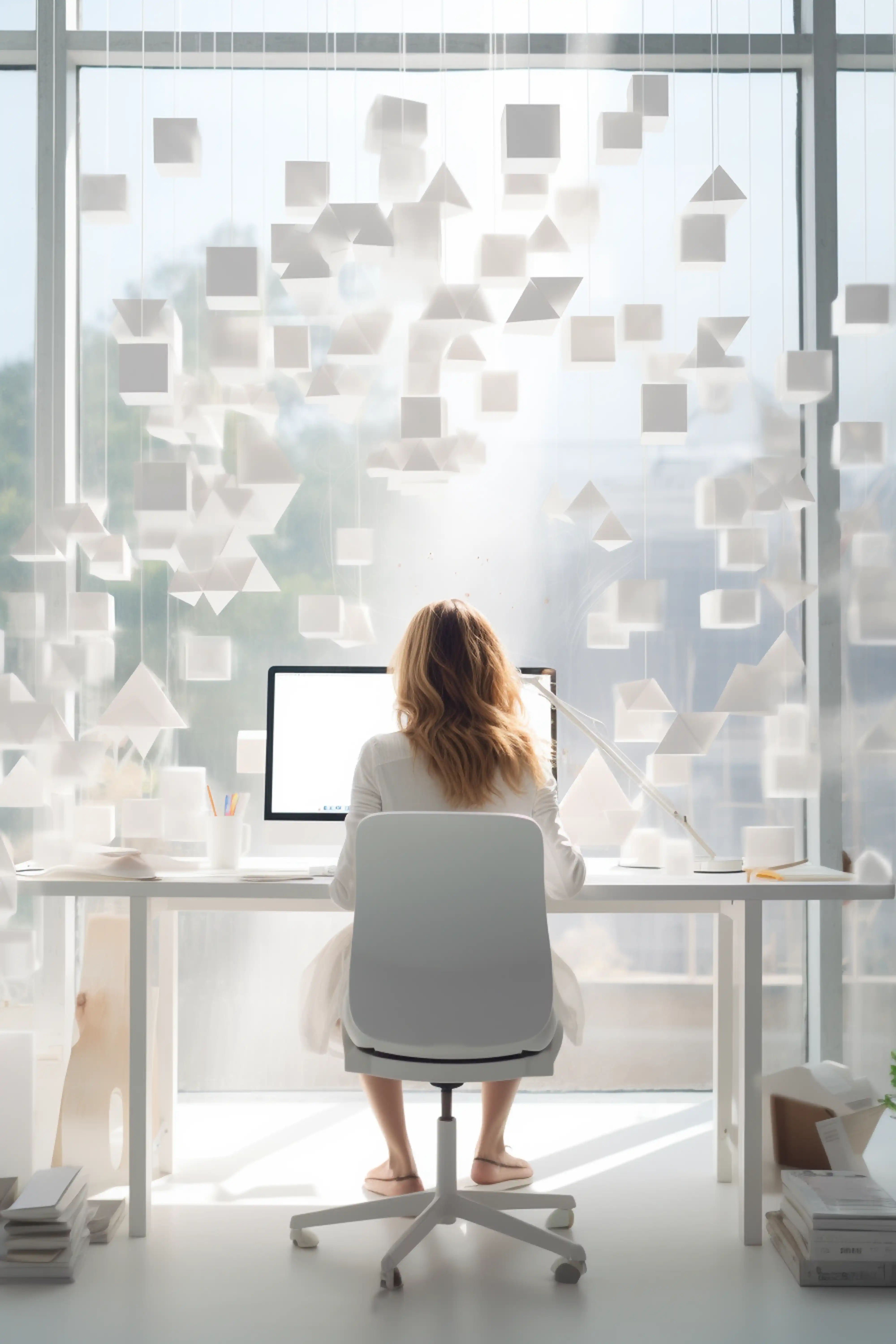 Femme travaillant à un bureau moderne avec un ordinateur, éclairée en contre-jour par une grande fenêtre ornée de formes géométriques flottantes