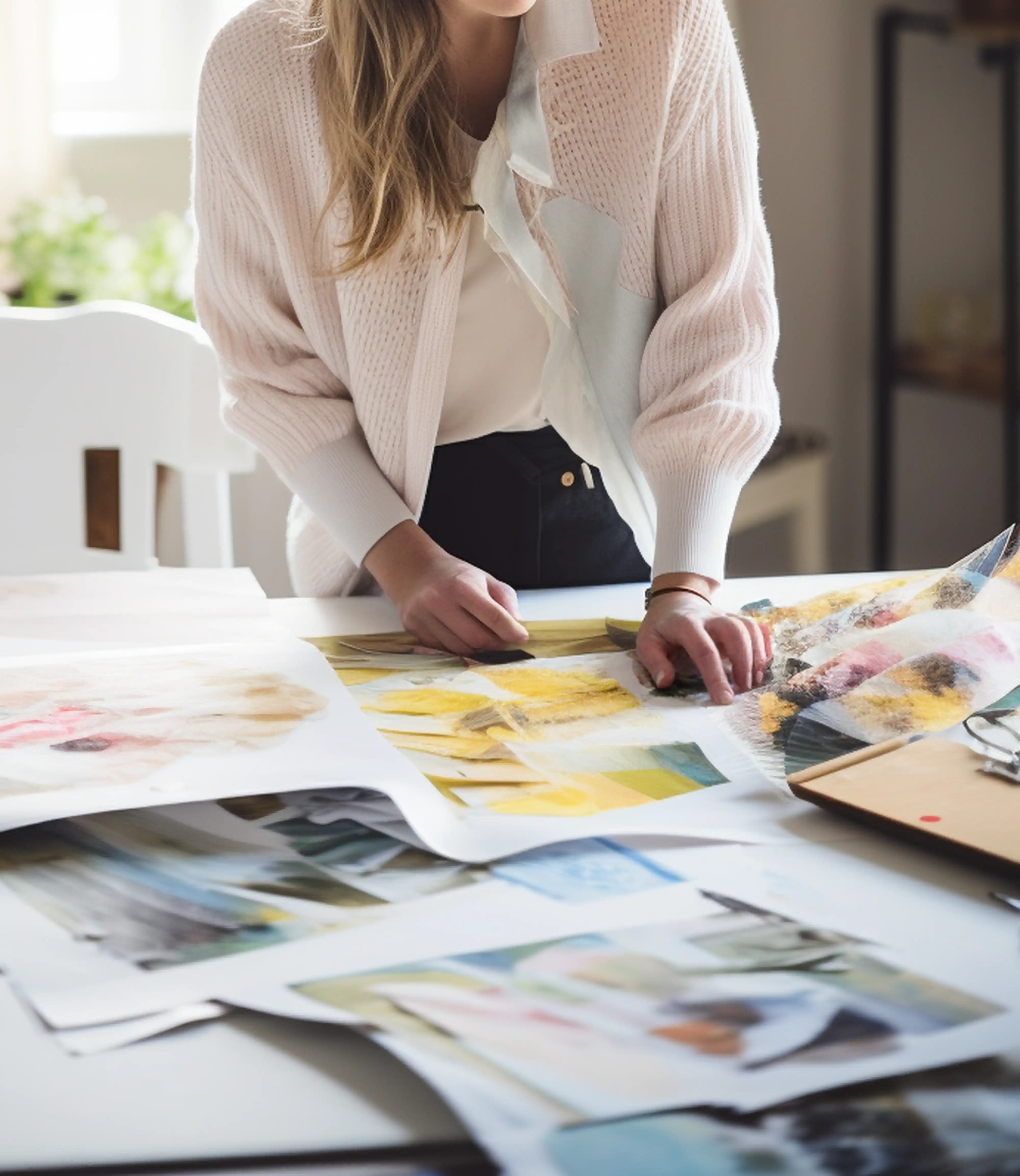 Une femme penchée sur une table couverte d'impressions artistiques colorées dans un espace de travail lumineux et créatif