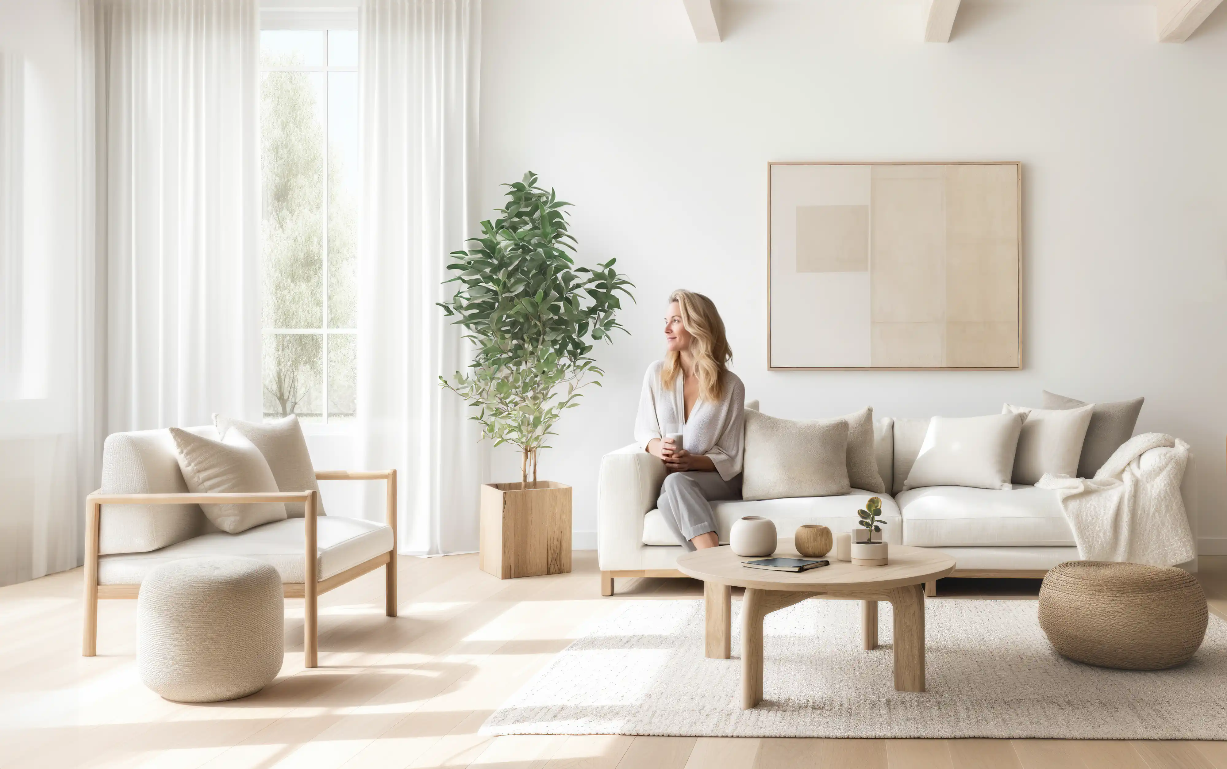 A woman in white sitting on a couch in a modern living room with a window and a plant, interior by Sarah Brown Design