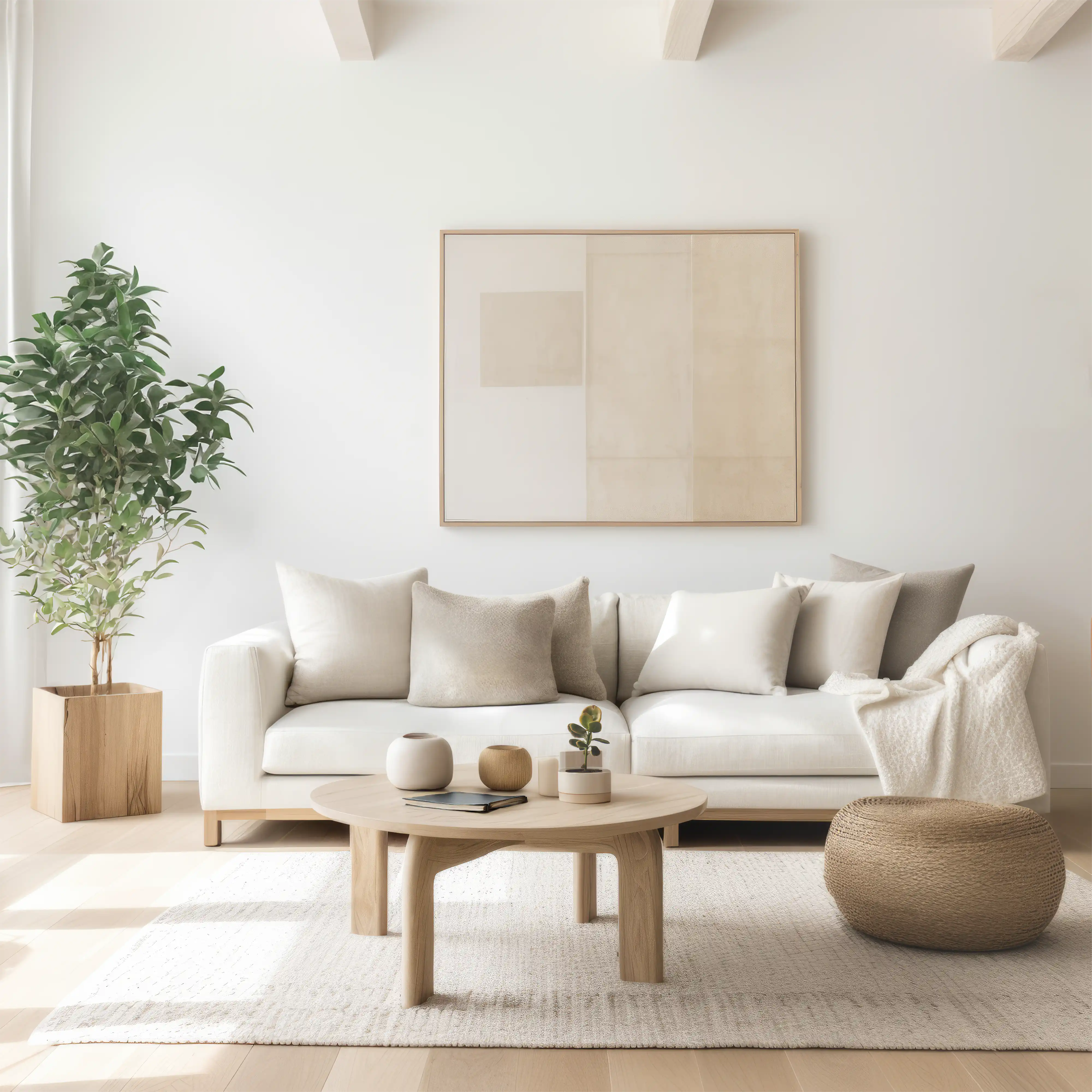 A modern living room with a white sofa, a wooden coffee table, a large potted plant and a framed abstract art piece, interior by Sarah Brown Design