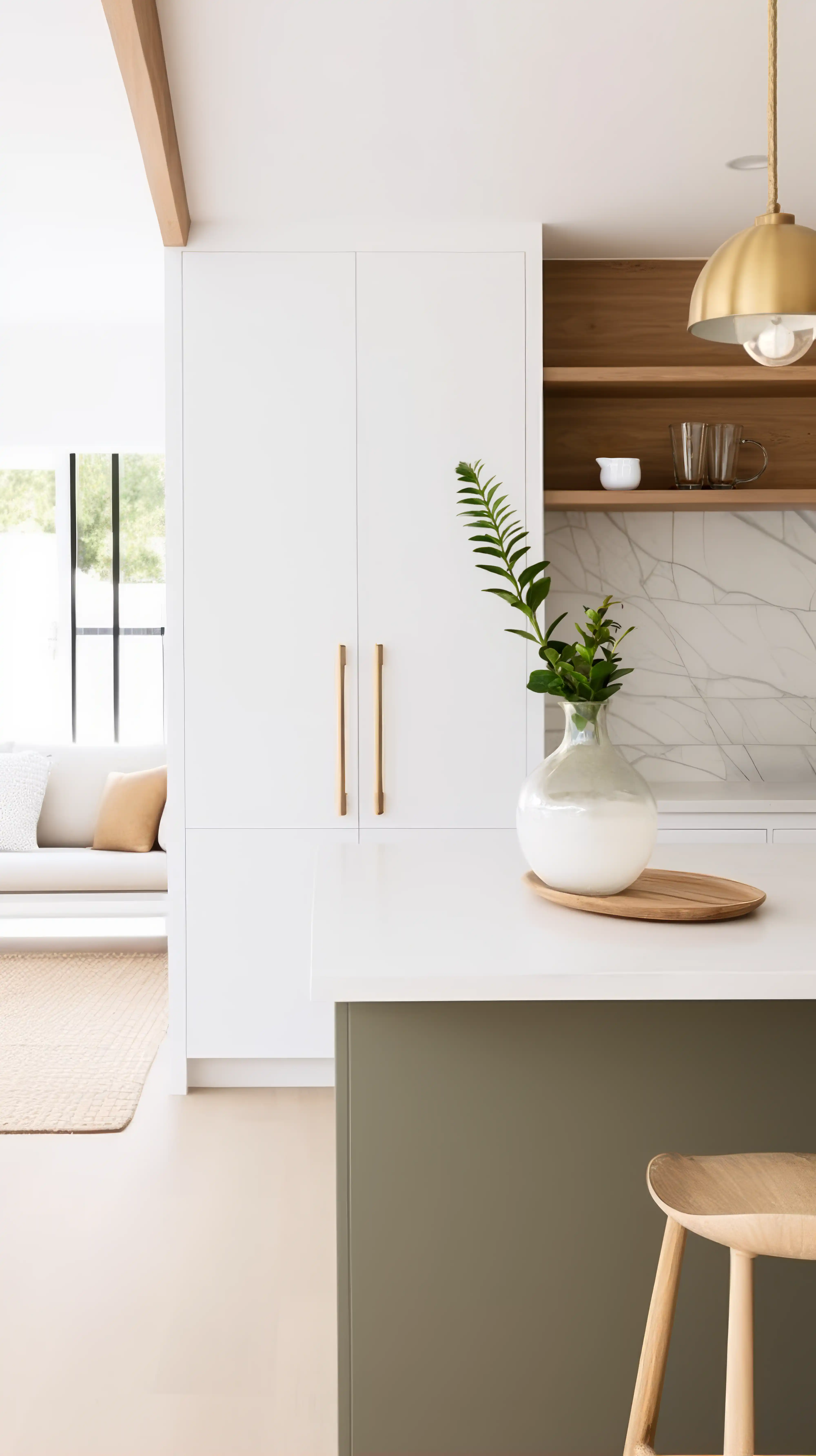 Une cuisine moderne avec un îlot blanc, un tabouret en bois et une plante dans un vase, intérieur signé Sarah Brown Design