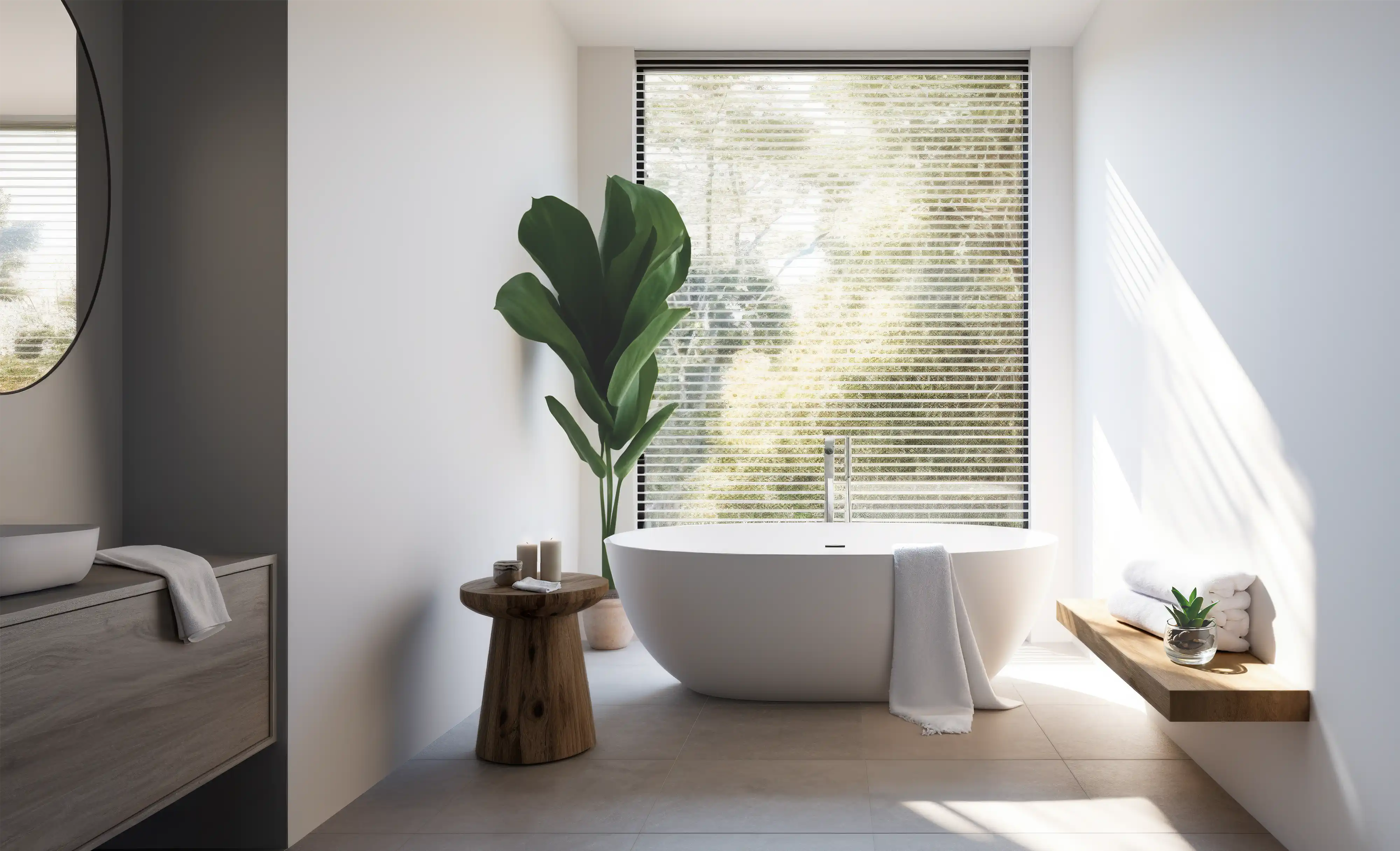 Une salle de bain moderne avec une baignoire autoportante, une grande fenêtre avec une vue verdoyante et des accents de bois, intérieur signé Sarah Brown Design