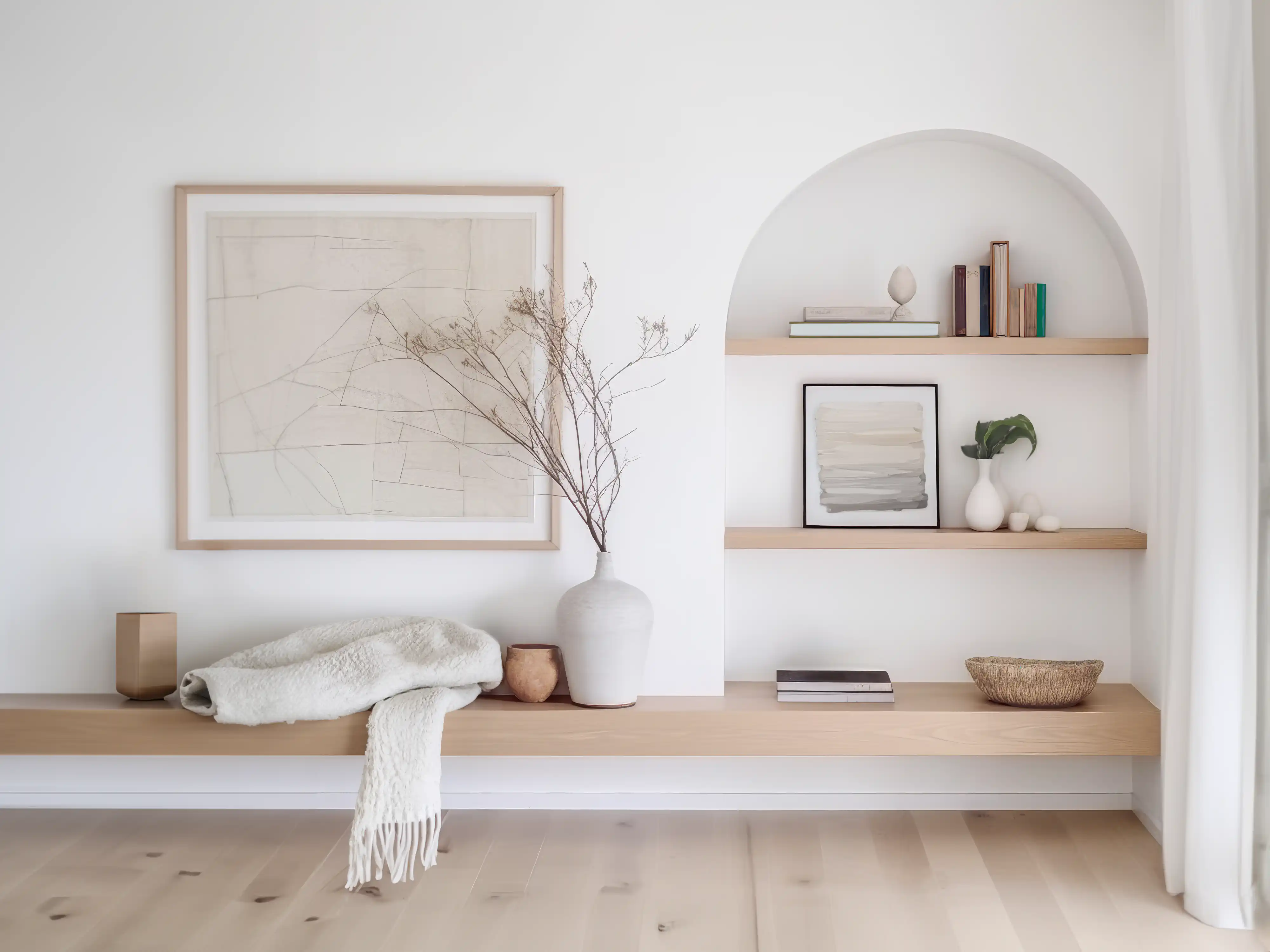 Un salon minimaliste avec un sol en bois, des murs blancs et un grande cadre abstrait sur le mur, intérieur signé Sarah Brown Design