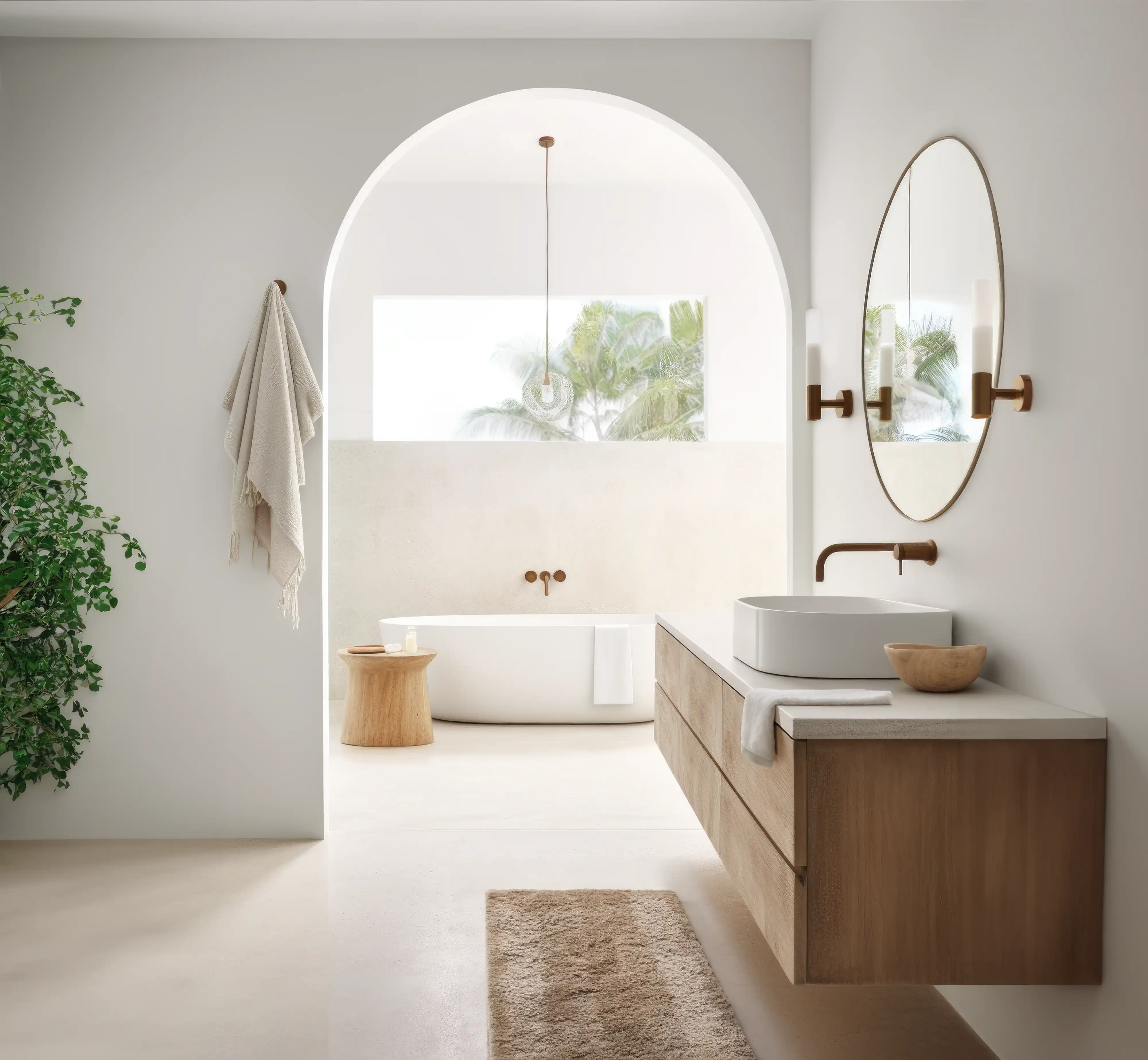 Une salle de bain moderne avec une baignoire blanche, une vanité en bois et une fenêtre avec une vue tropicale, intérieur signé Sarah Brown Design