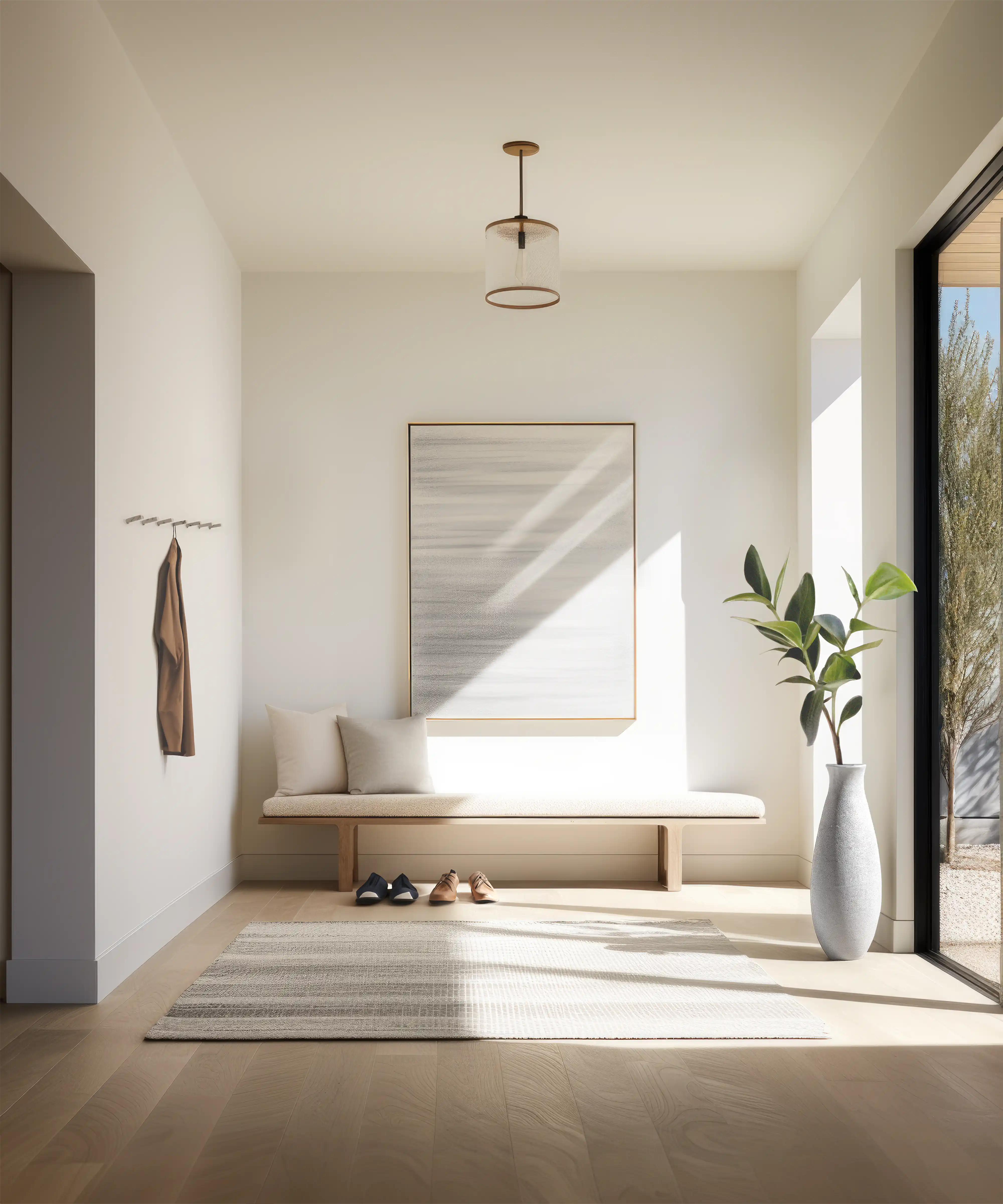 Un vestibule moderne avec un banc, une fenêtre, une plante et un porte-manteau, intérieur signé Sarah Brown Design