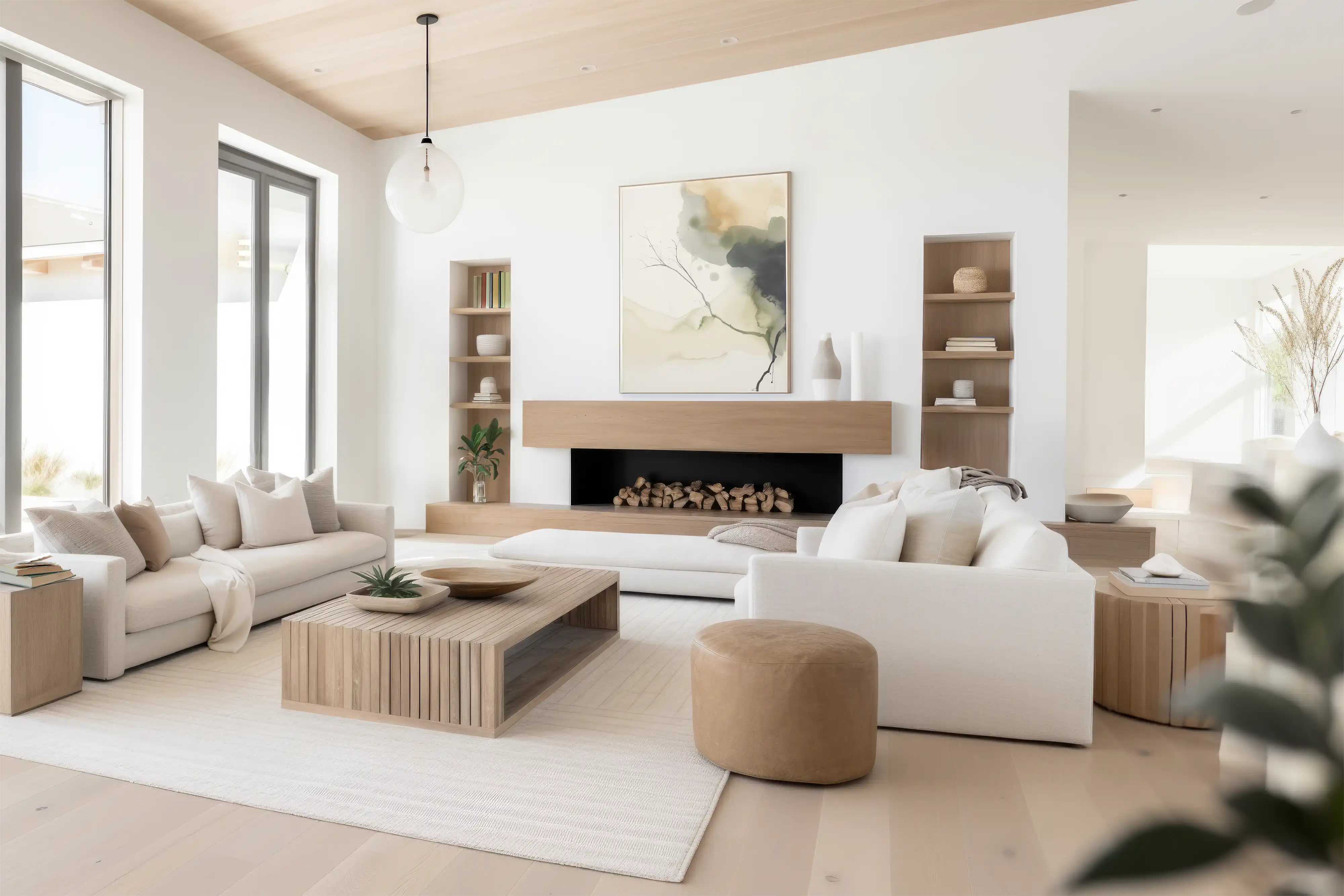 A modern living room with a fireplace, a window with a tree view and an abstract painting, interior by Sarah Brown Design