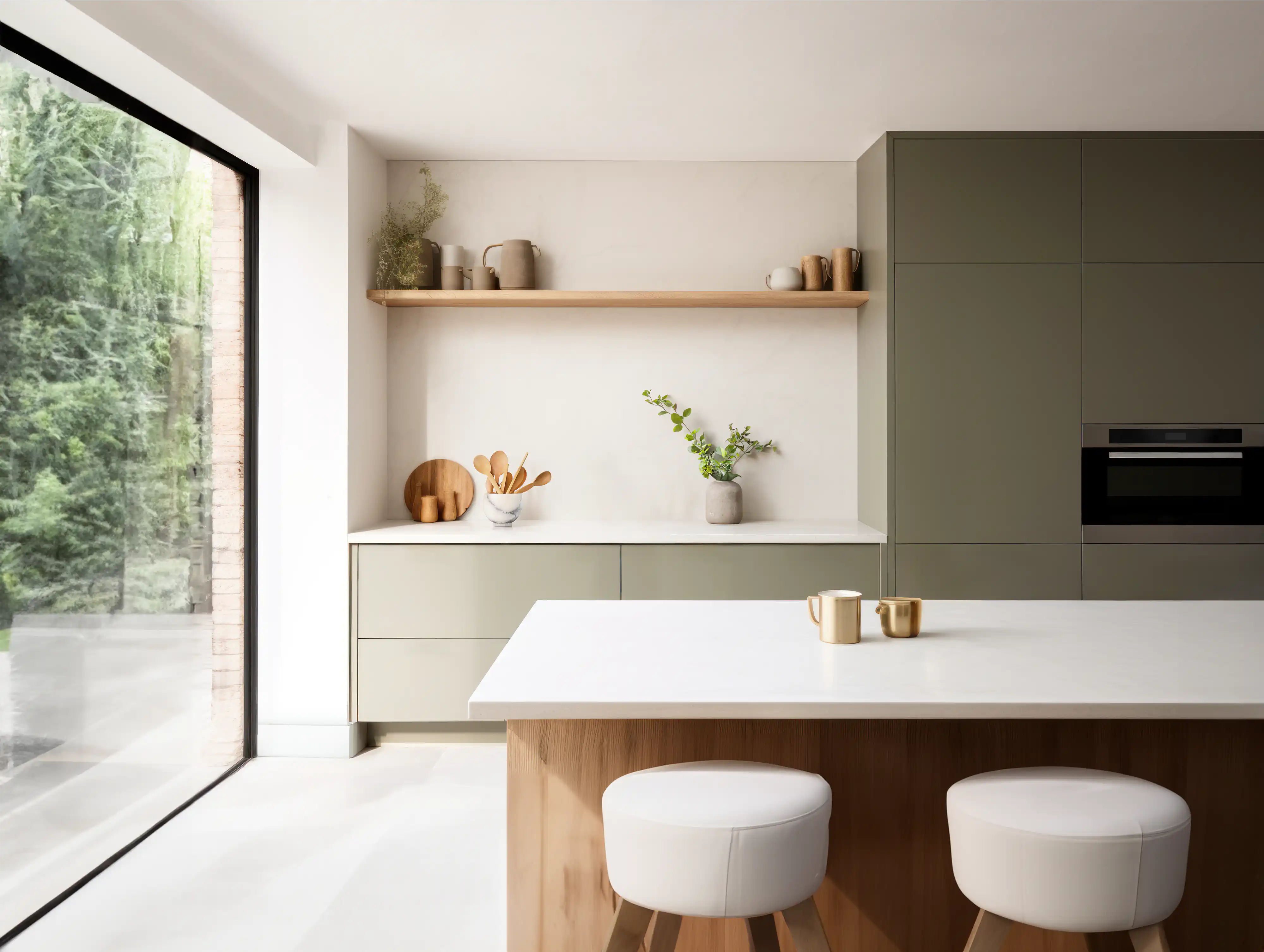 A modern kitchen with a wooden island, a greige backsplash and a window with a tree view, interior by Sarah Brown Design