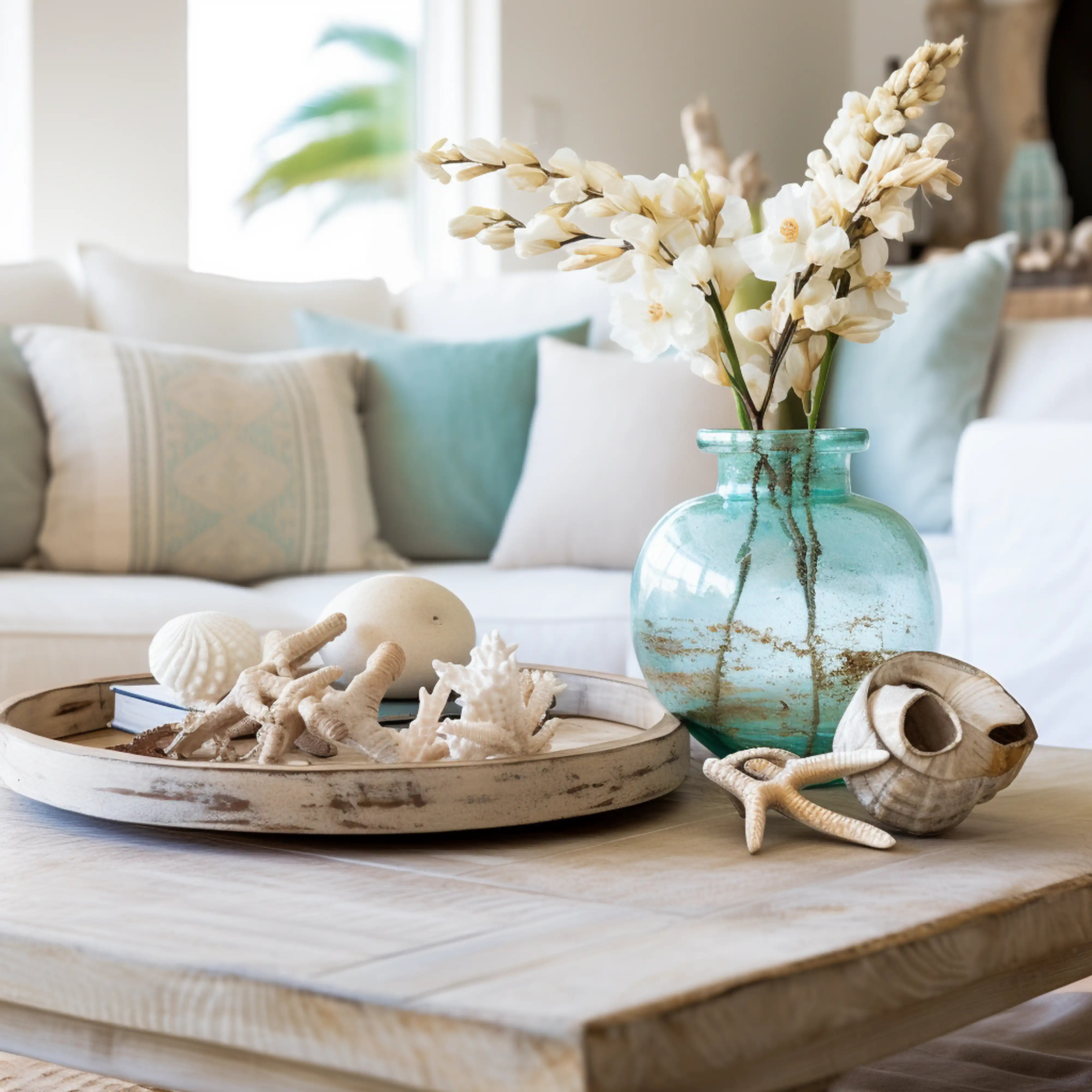 Salon de style côtier avec un vase turquoise, des fleurs blanches et des coquillages sur un plateau en bois, intérieur signé Sarah Brown Design