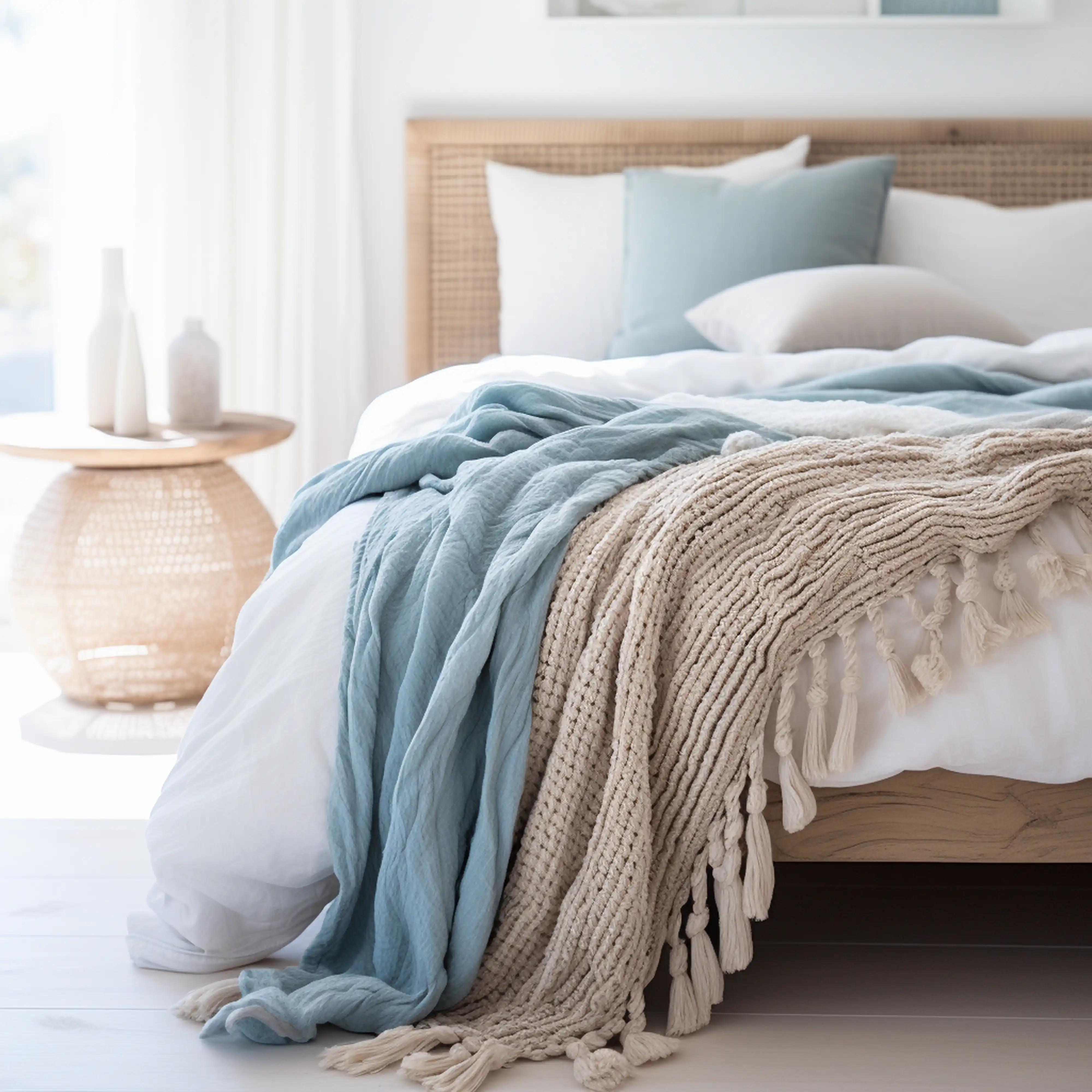 Serene bedroom with coastal decor featuring soft blue textiles and a knitted throw blanket, interior by Sarah Brown Design