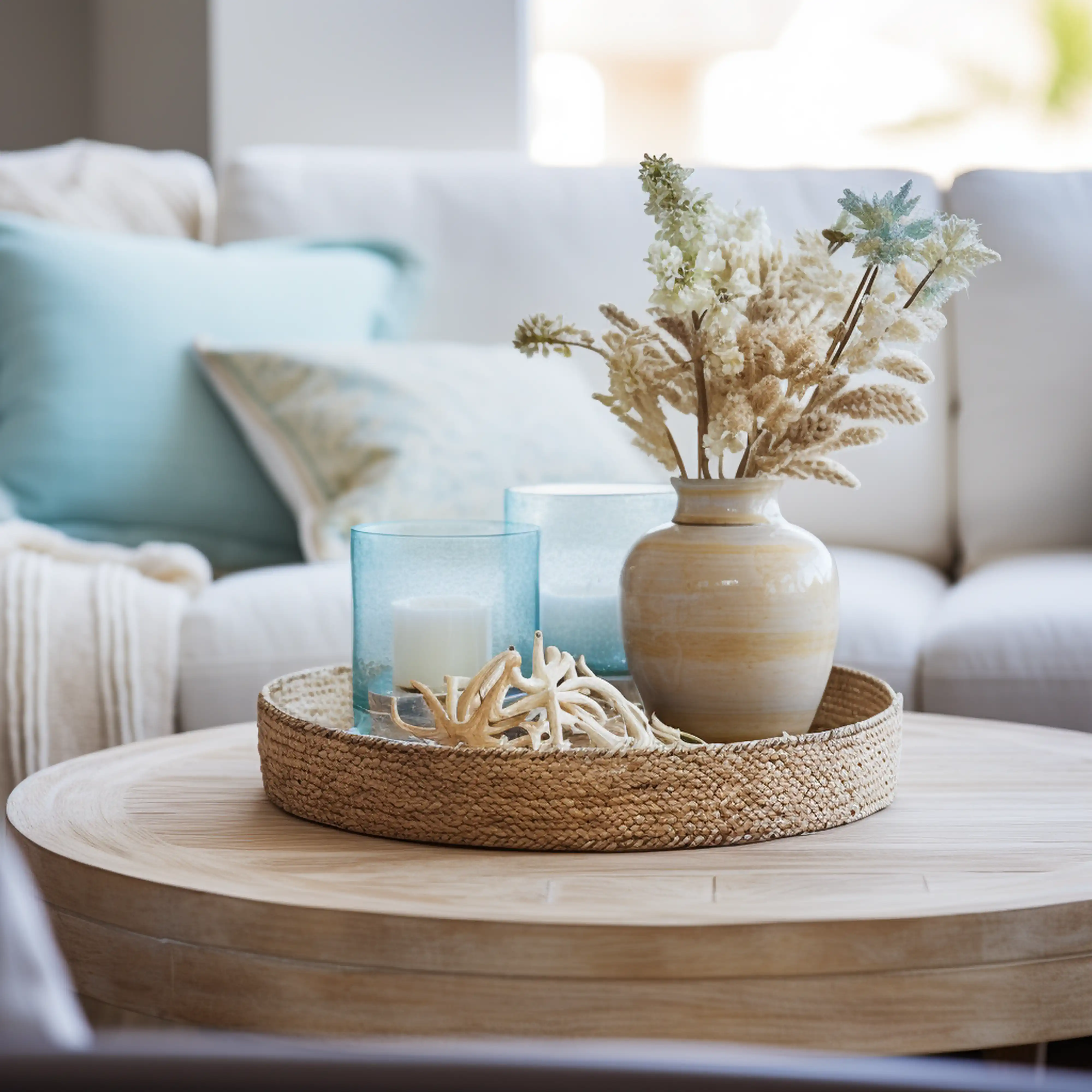 Coin salon confortable avec décoration de style plage, incluant un vase avec des fleurs séchées sur une table ronde, intérieur signé Sarah Brown Design