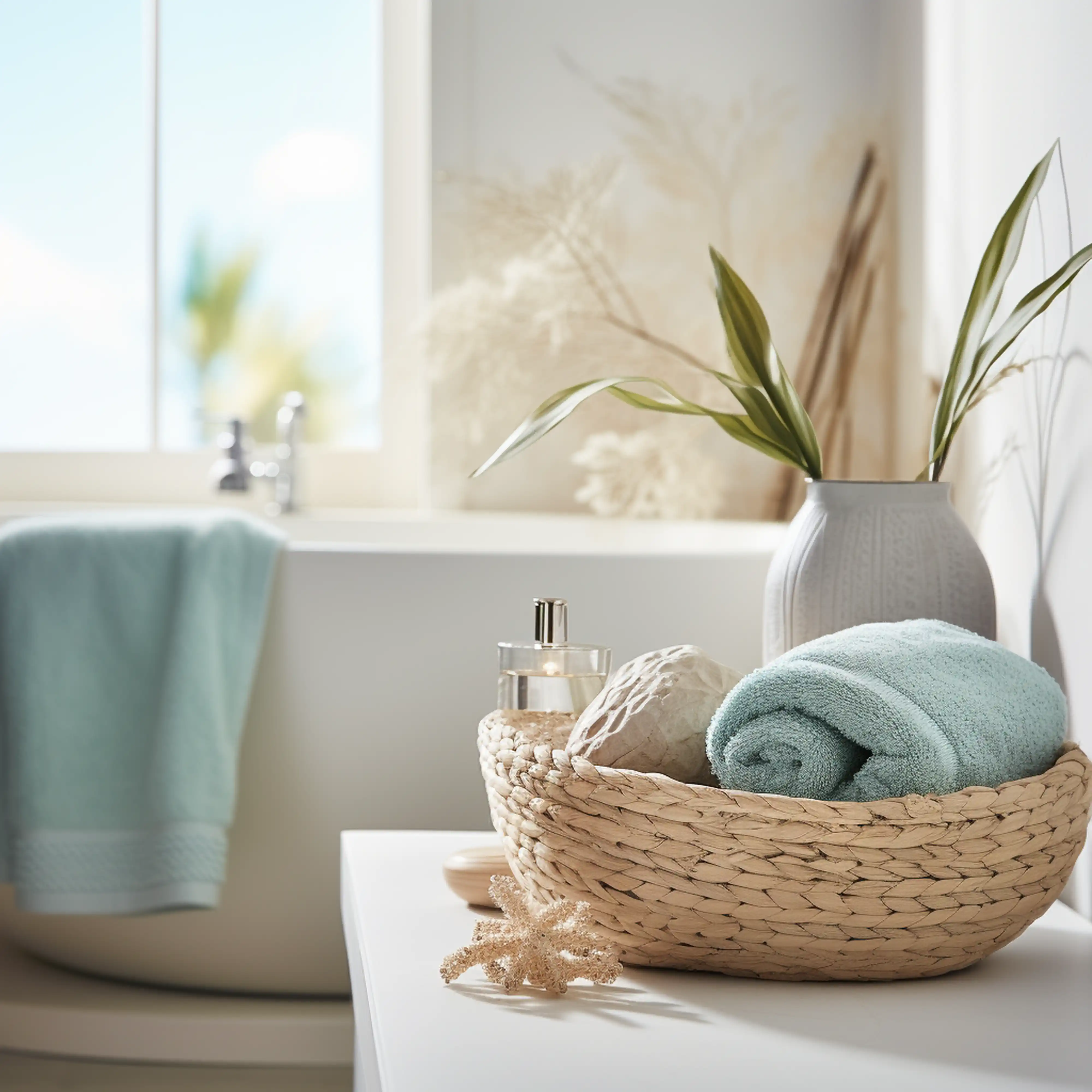 Elegant bathroom with coastal accessories including a woven basket and a pale blue towel, interior by Sarah Brown Design