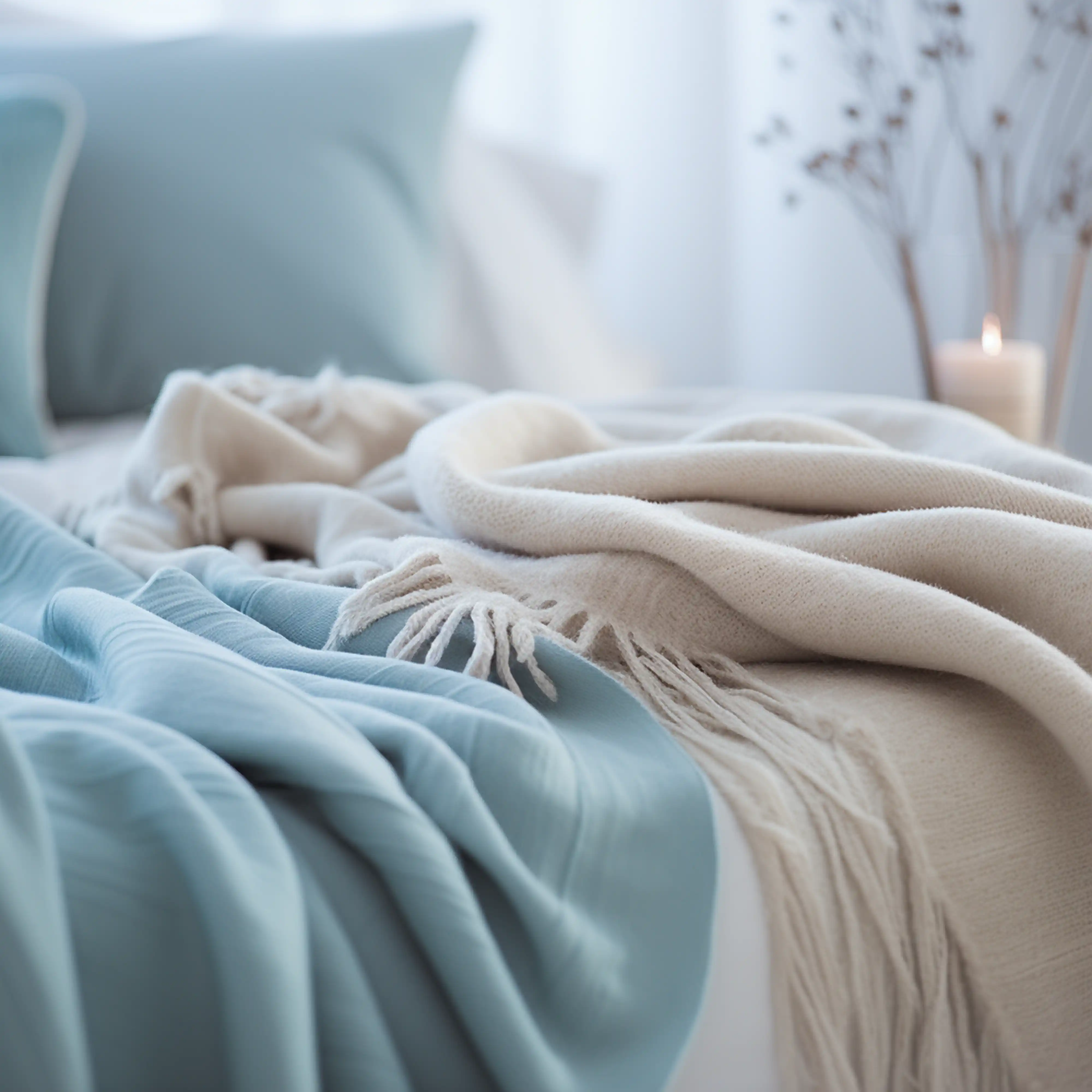 Chambre confortable et accueillante avec literie bleu clair et couverture à franges crème, intérieur signé Sarah Brown Design