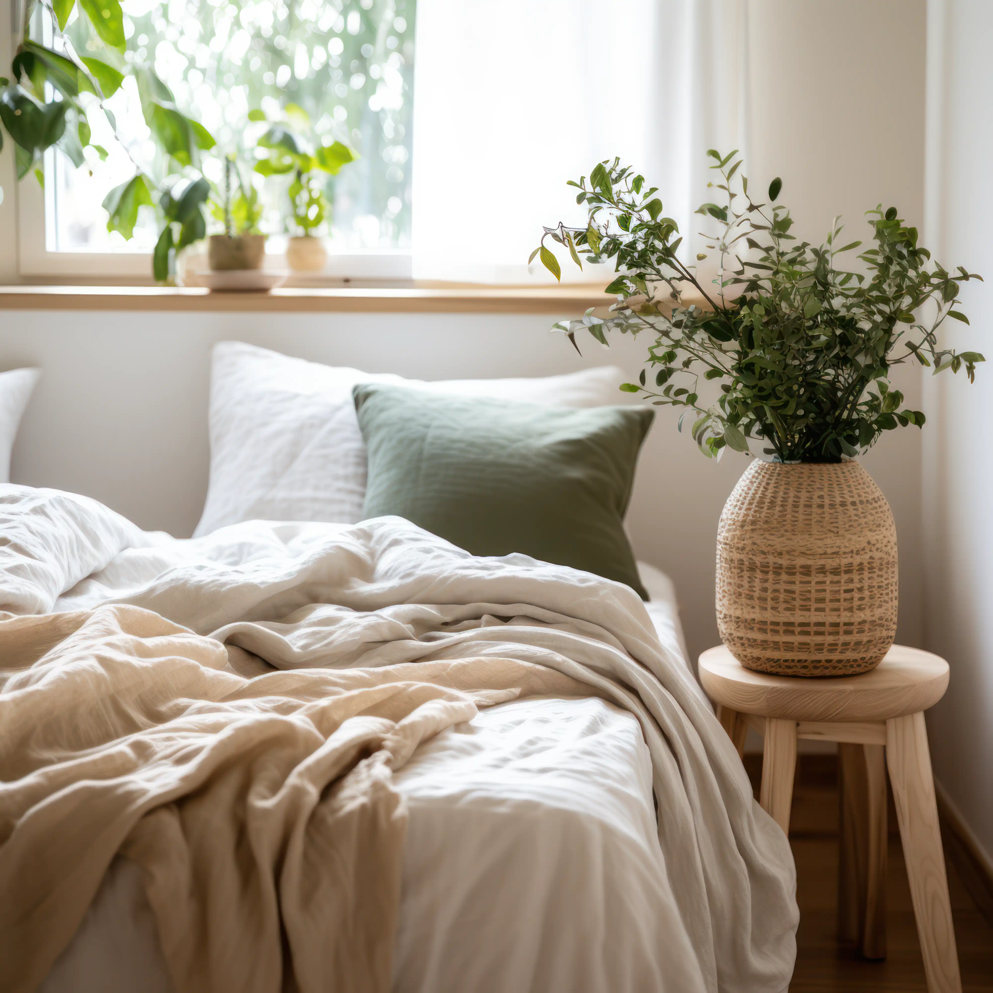 Bright bedroom interior with green pillow, white linens, and potted plant on wooden stool, interior by Sarah Brown Design