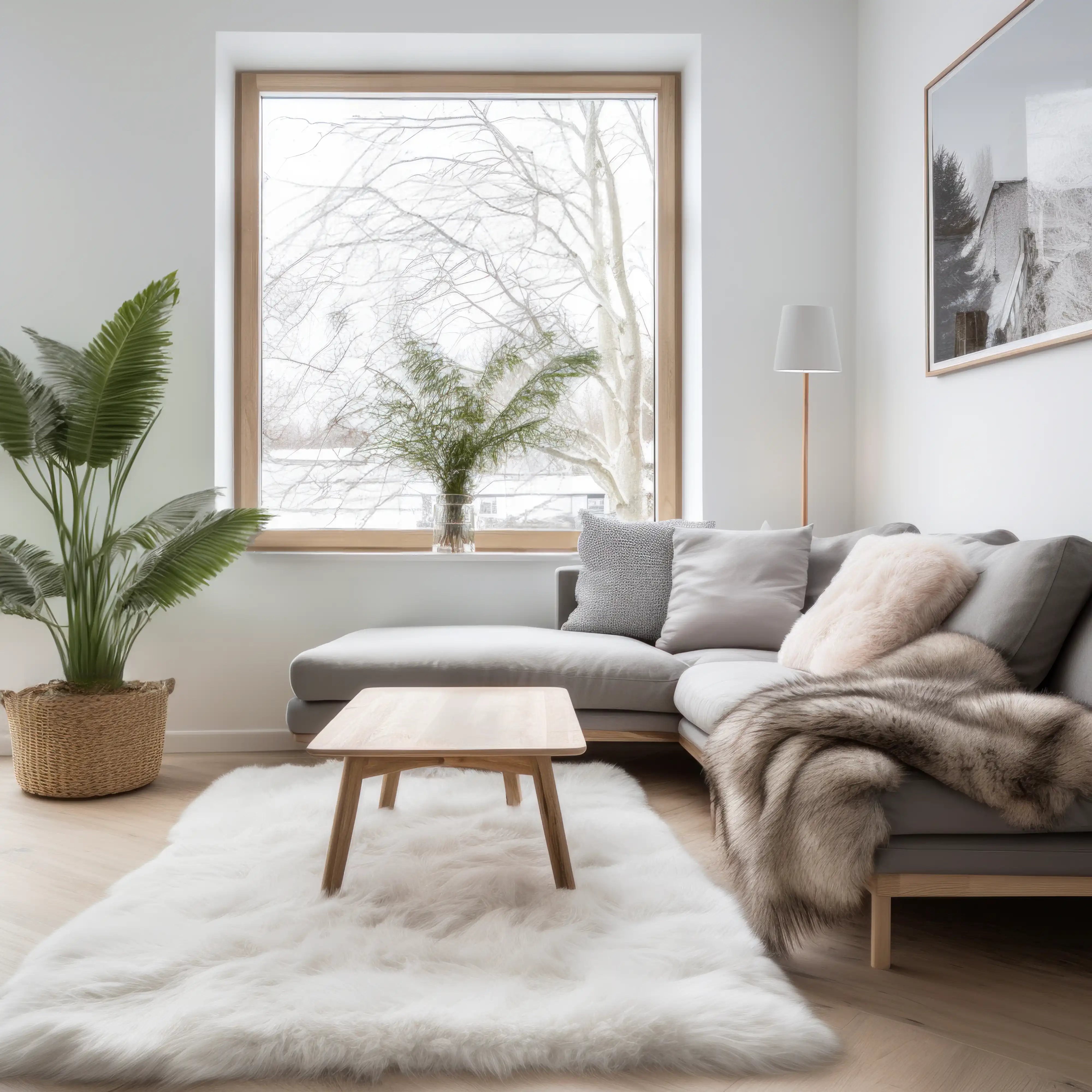 Modern living space with a large window, neutral-toned furniture, and a furry white rug, interior by Sarah Brown Design