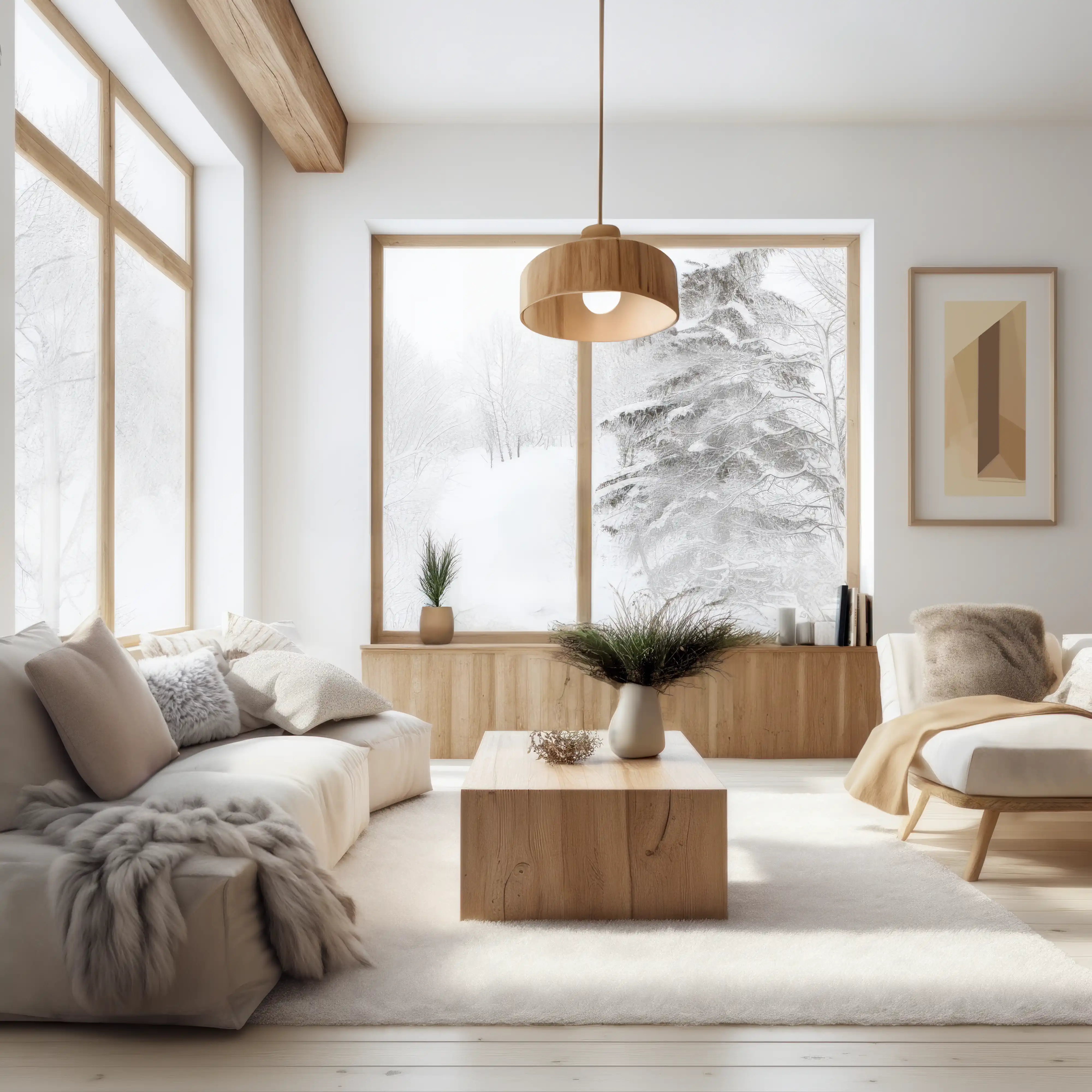Cozy winter living room with a large window showcasing snowy trees, interior by Sarah Brown Design