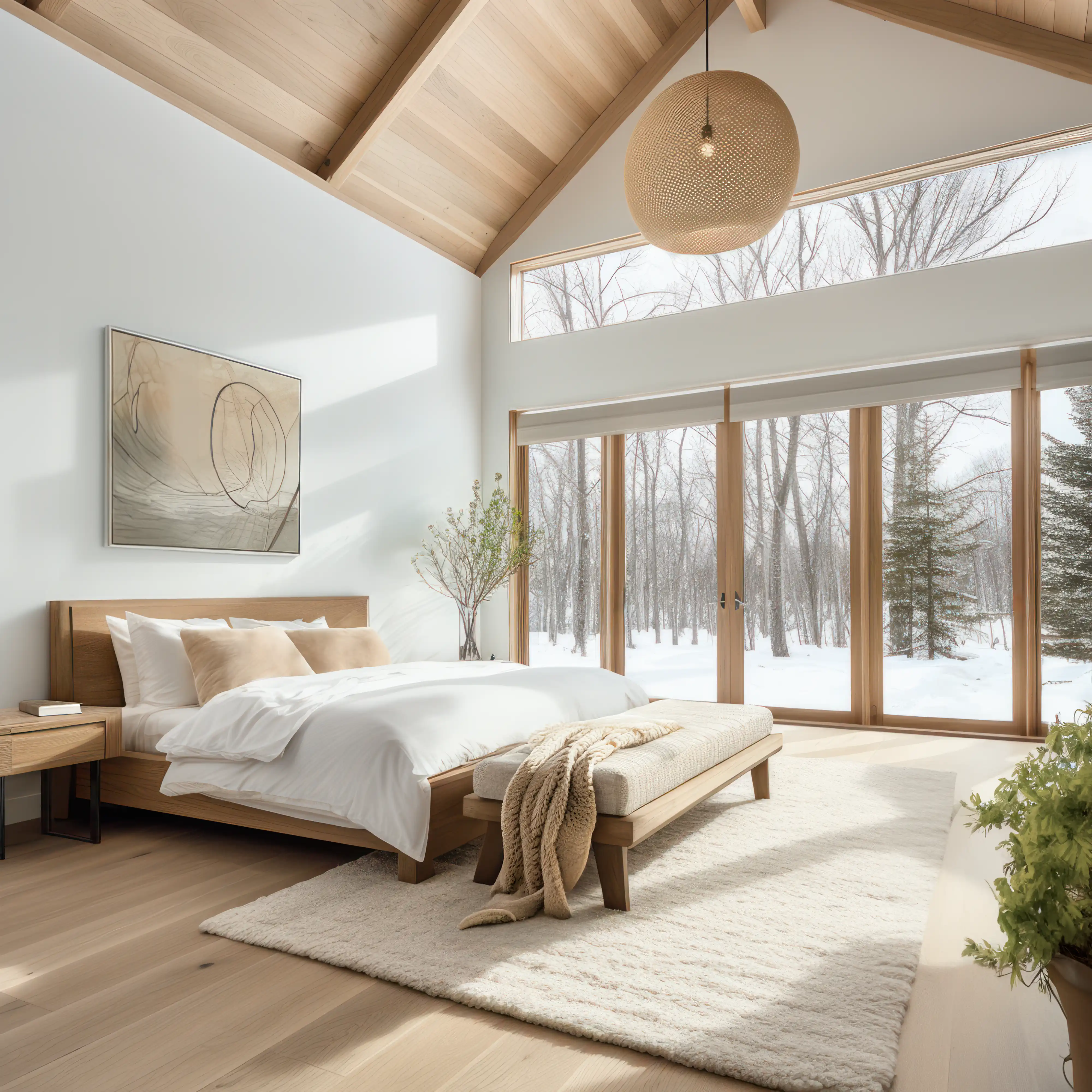 Chambre moderne spacieuse avec des accents en bois donnant sur une forêt enneigée, intérieur signé Sarah Brown Design