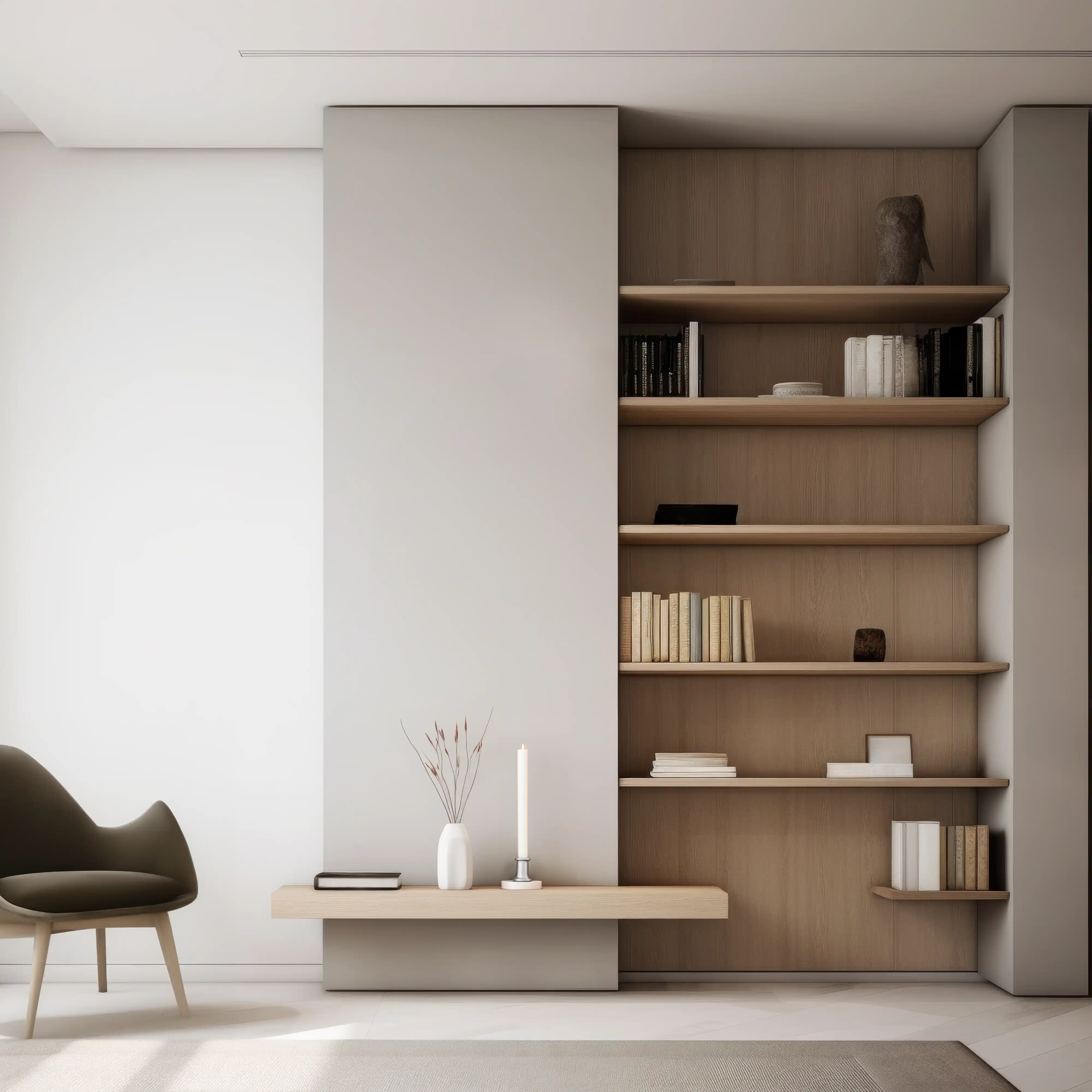 Salon minimaliste avec des étagères épurées et des meubles modernes contre un mur blanc immaculé, intérieur signé Sarah Brown Design