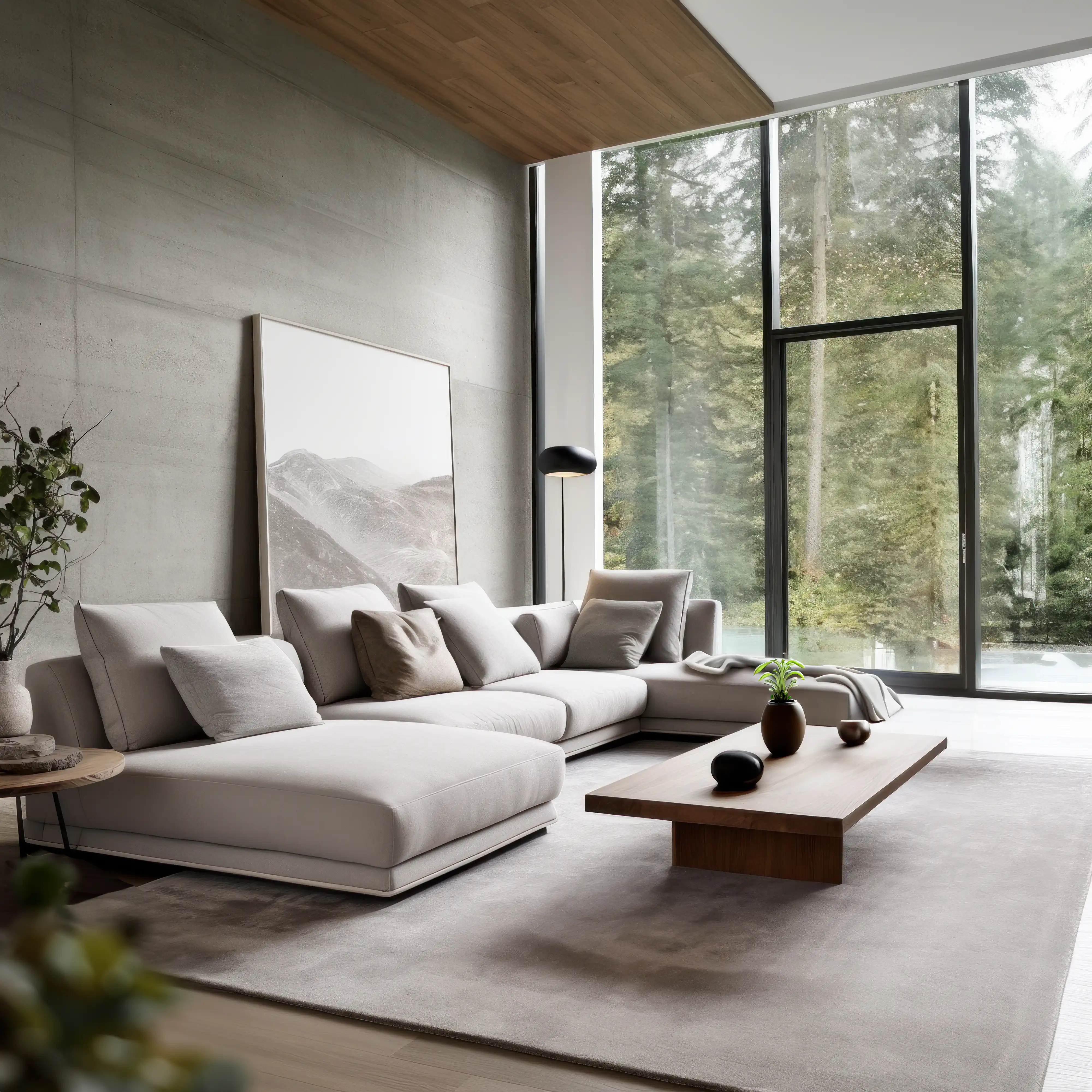 Salon moderne avec de grandes fenêtres donnant sur une forêt, avec un canapé contemporain et une table basse en bois, intérieur signé Sarah Brown Design