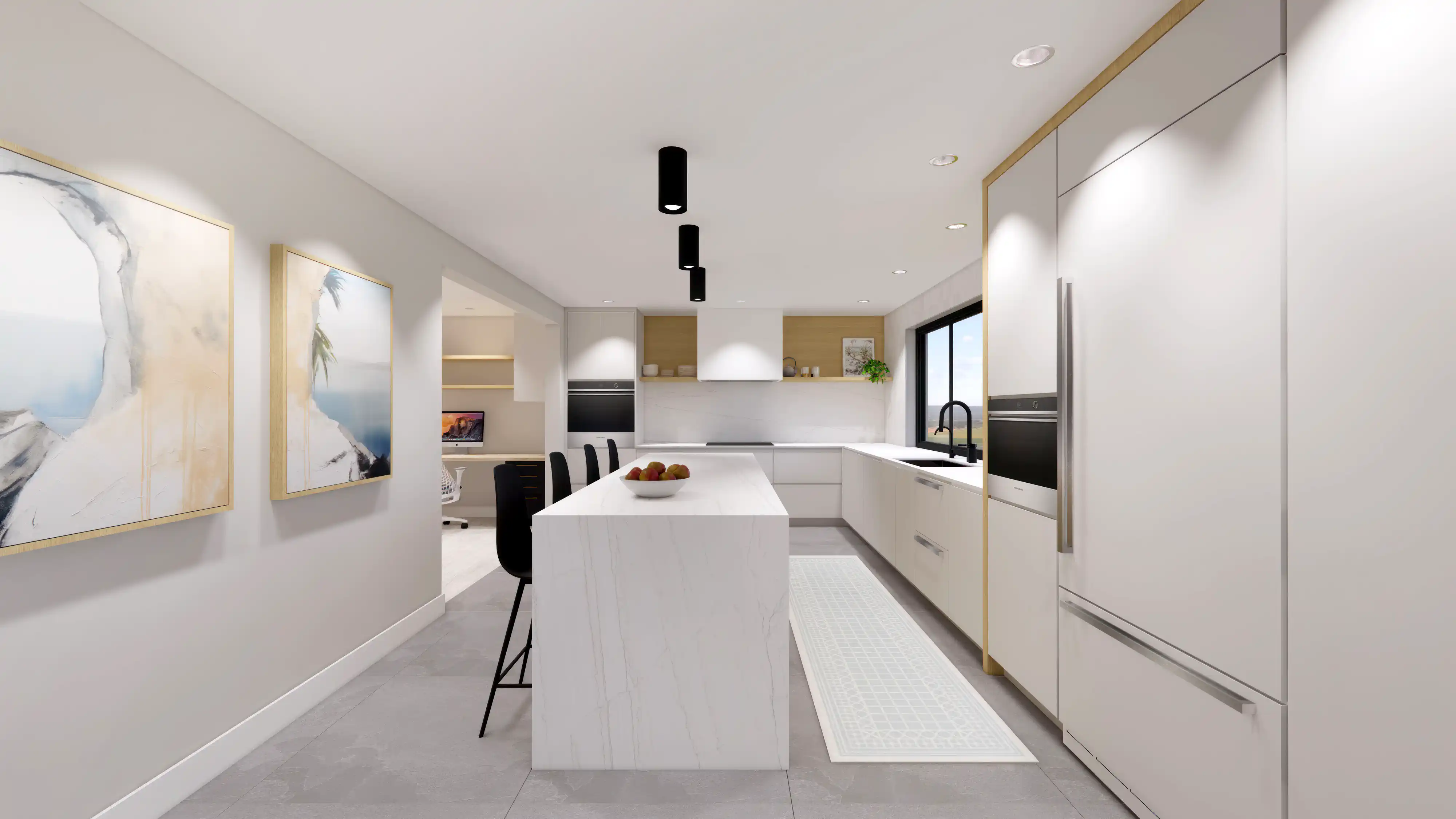 3D rendering of a modern kitchen interior with marble island, modern fixtures, and framed artwork, interior by Sarah Brown Design