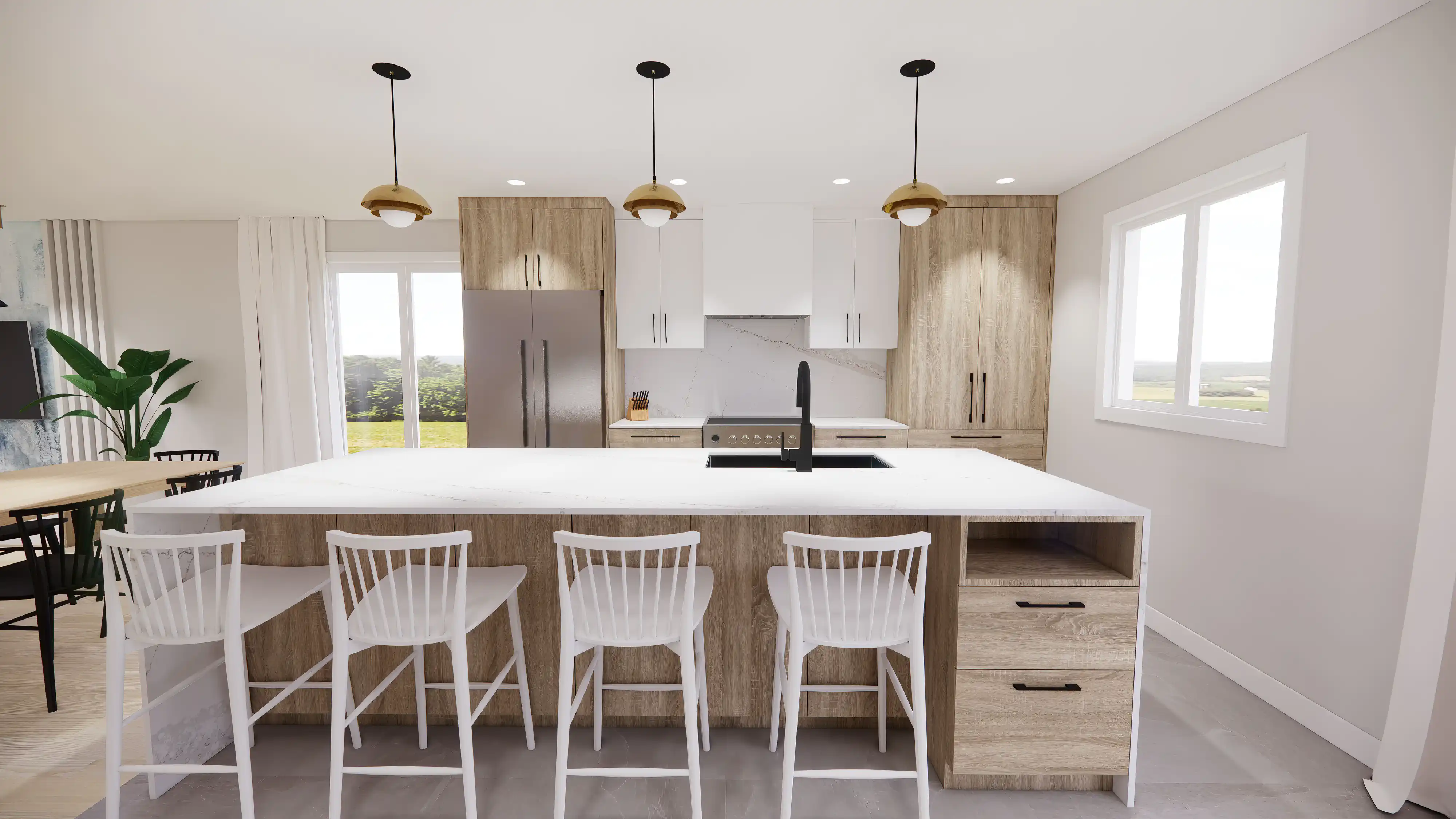 Contemporary kitchen with wooden cabinetry, a central marble island, and hanging tiered pendant lights, interior by Sarah Brown Design