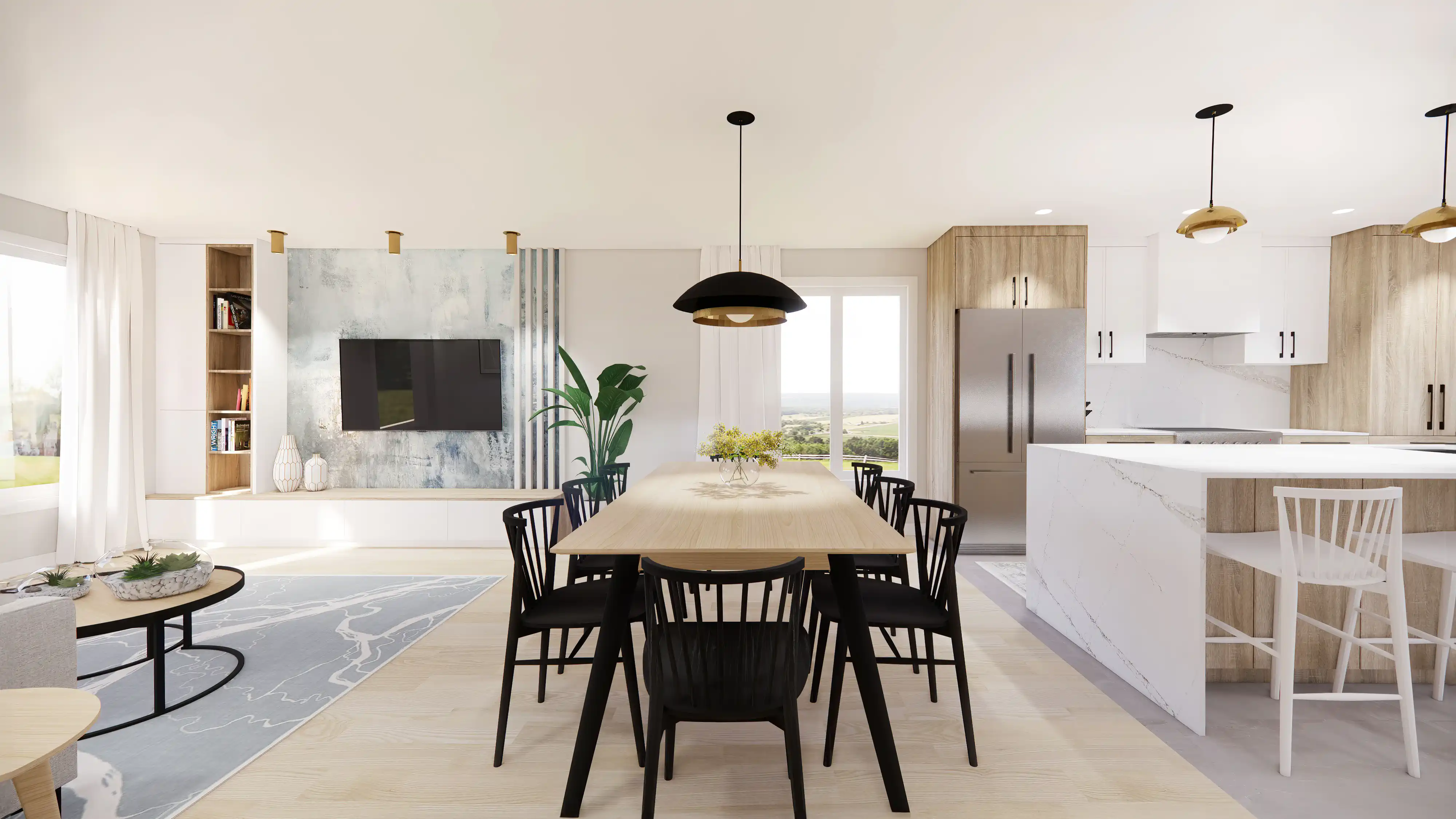 Rendu 3D d'une cuisine moderne avec îlot en marbre, équipements modernes et œuvres d'art encadrées, intérieur signé Sarah Brown Design