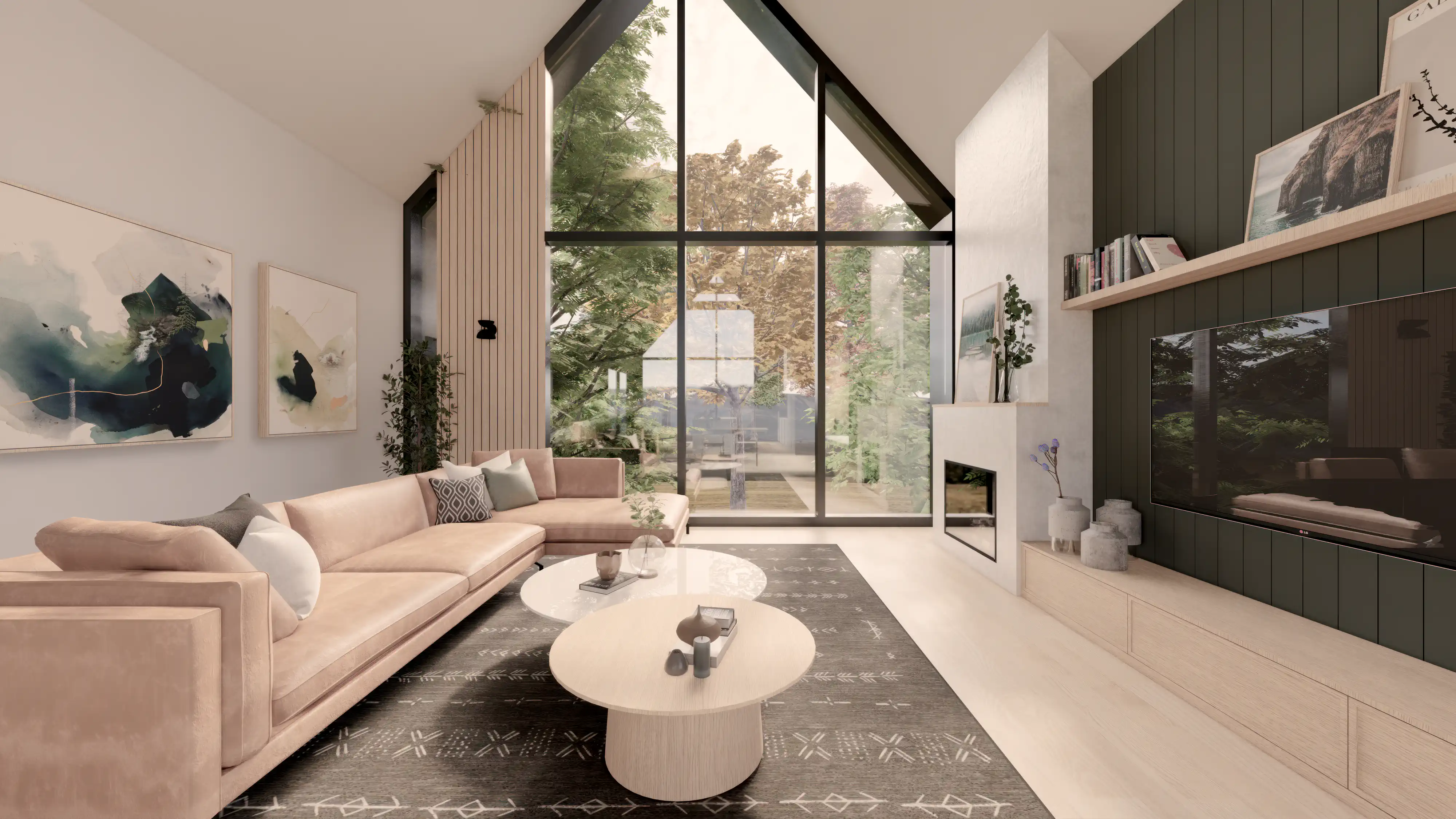Design de salon moderne avec un canapé beige, des peintures abstraites et une vue panoramique à travers de grandes fenêtres, intérieur signé Sarah Brown Design