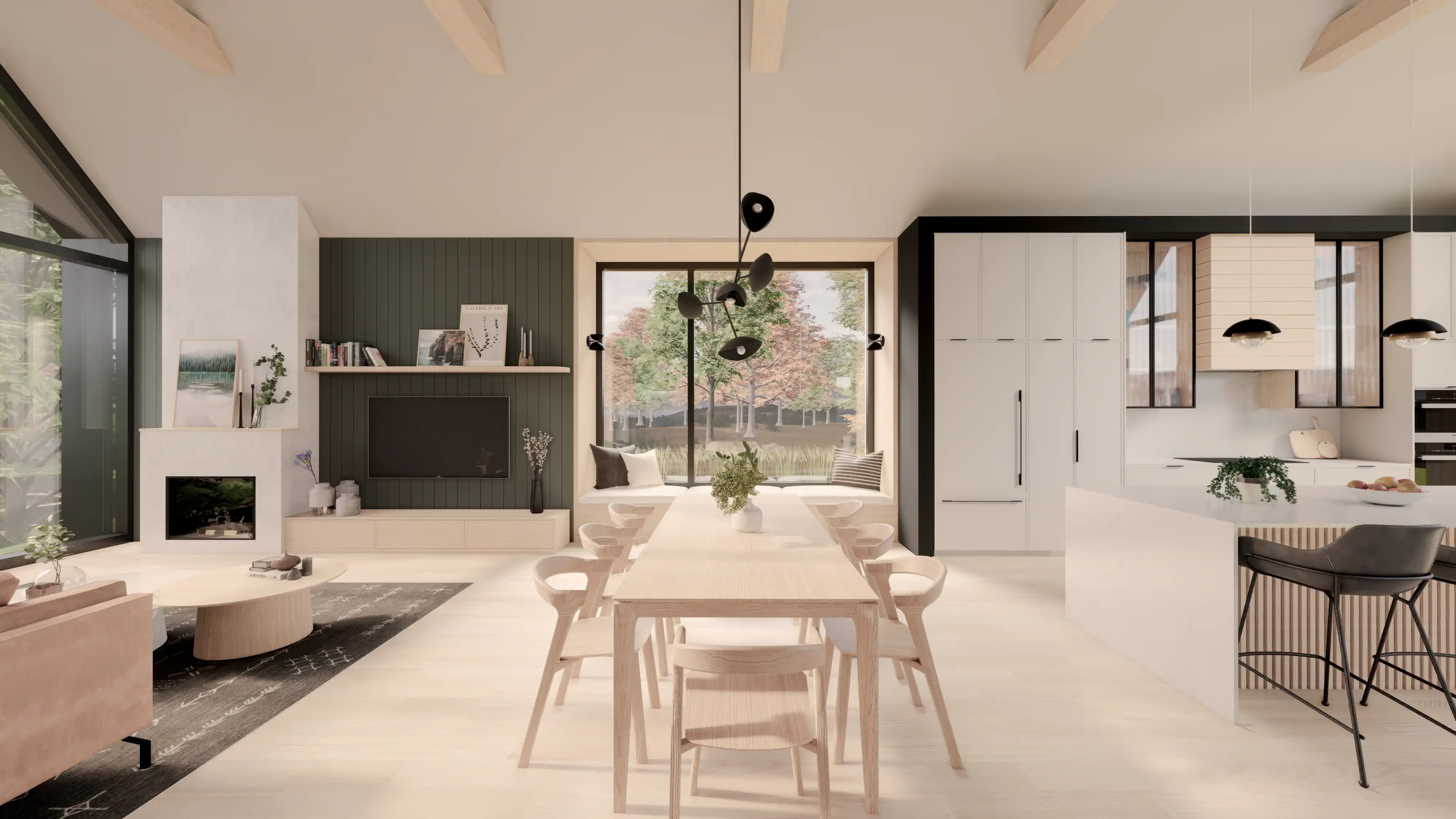 Espace de vie ouvert contemporain avec une table à manger en bois, des luminaires suspendus élégants et une vue sur le jardin, intérieur signé Sarah Brown Design