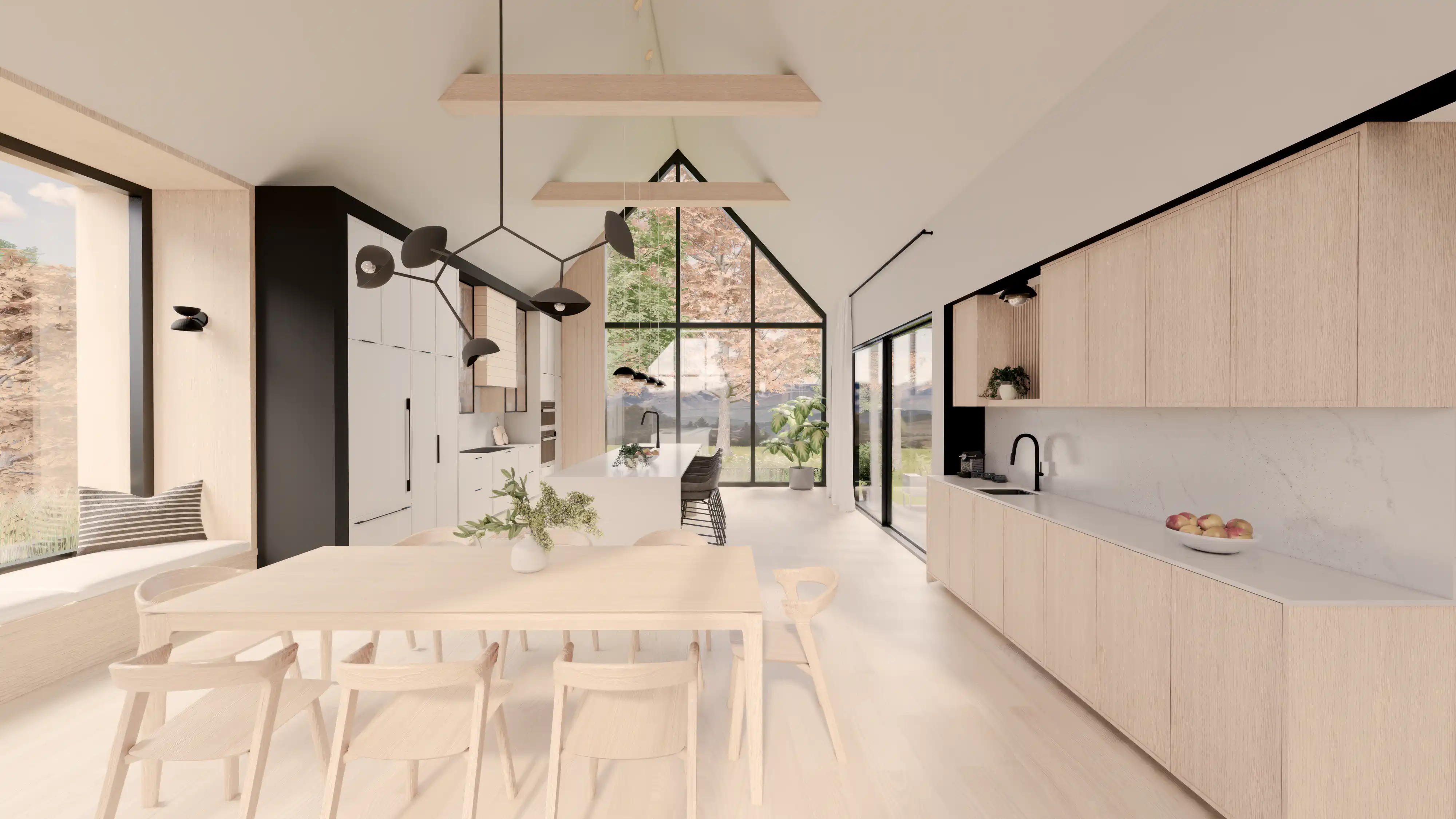 Cuisine et salle à manger modernes avec finitions en bois, accents noirs élégants et grandes fenêtres panoramiques donnant sur la nature, intérieur signé Sarah Brown Design