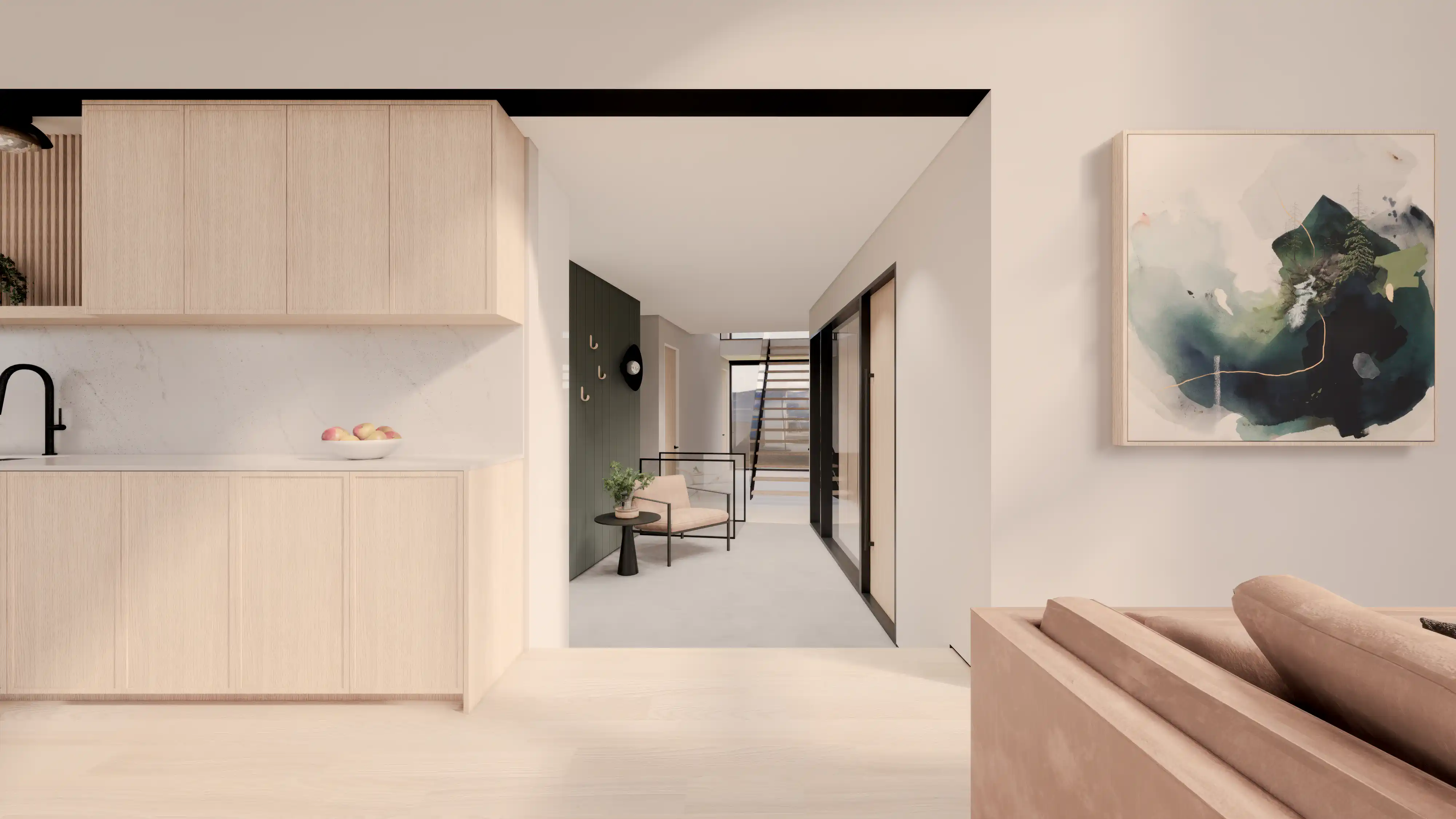 Espace de vie contemporain avec des armoires de cuisine en bois, une œuvre d'art murale abstraite et une vue vers un couloir minimaliste, intérieur signé Sarah Brown Design